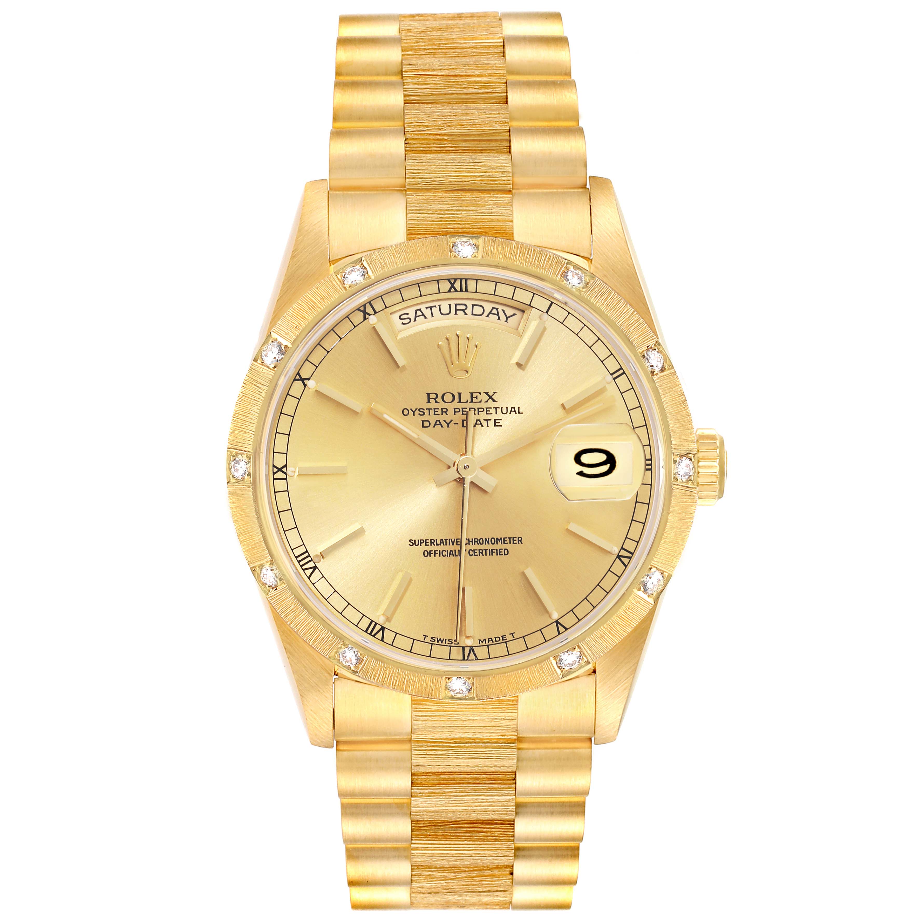 The Rolex President 18308 Men's Yellow Gold Champagne Dial 18308 Men's Yellow Gold Champagne Dial model is shown from a front view, displaying the dial, bezel, bracelet, and crown.