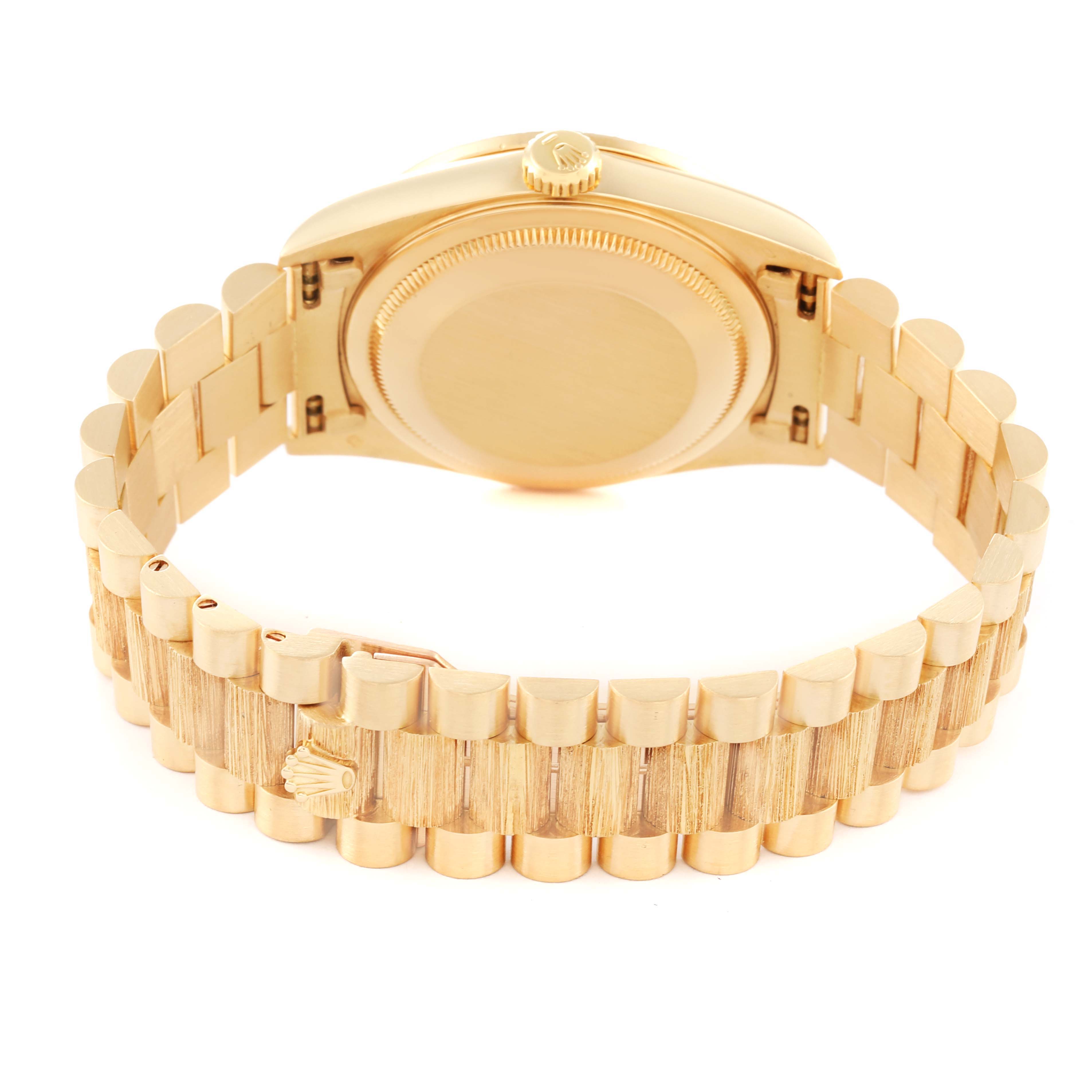 The image shows the back and bracelet of a Rolex President 18308 Men's Yellow Gold Champagne Dial 18308 Men's Yellow Gold Champagne Dial model watch.