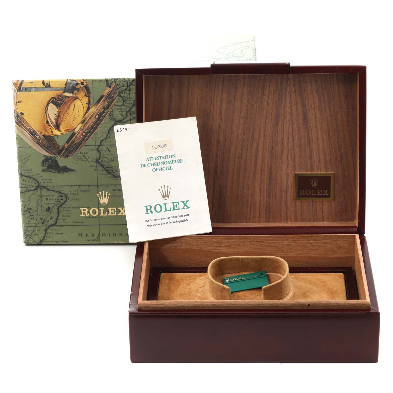 The image shows the open box, manual, and certification for a Rolex President 18308 Men's Yellow Gold Champagne Dial 18308 Men's Yellow Gold Champagne Dial model watch from a front-facing angle.