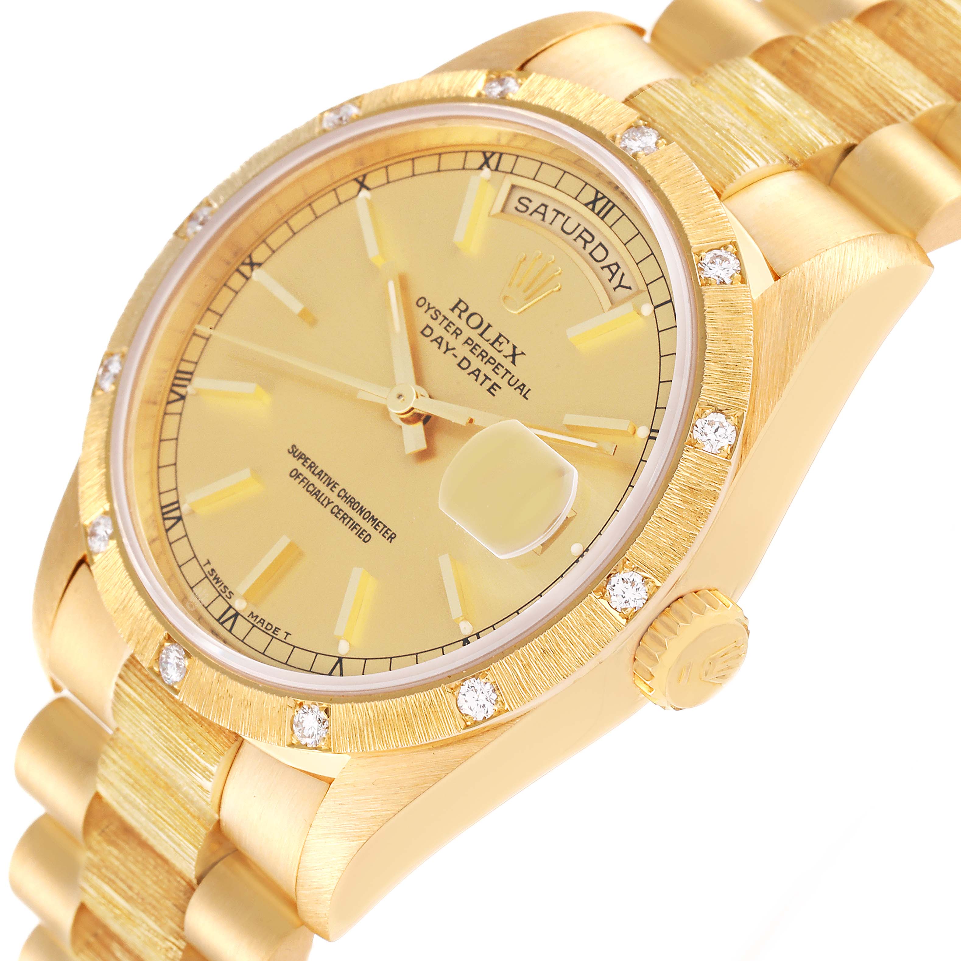 The Rolex President 18308 Men's Yellow Gold Champagne Dial 18308 Men's Yellow Gold Champagne Dial watch is shown at an angled close-up, highlighting the dial, bezel, day-date display, crown, and part of the bracelet.