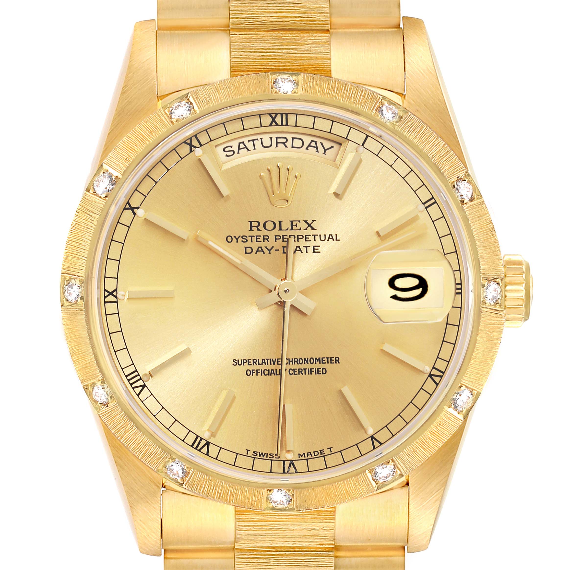 The image shows a front view of the Rolex President 18308 Men's Yellow Gold Champagne Dial 18308 Men's Yellow Gold Champagne Dial model watch, highlighting its gold dial, diamond bezel, and day-date display.