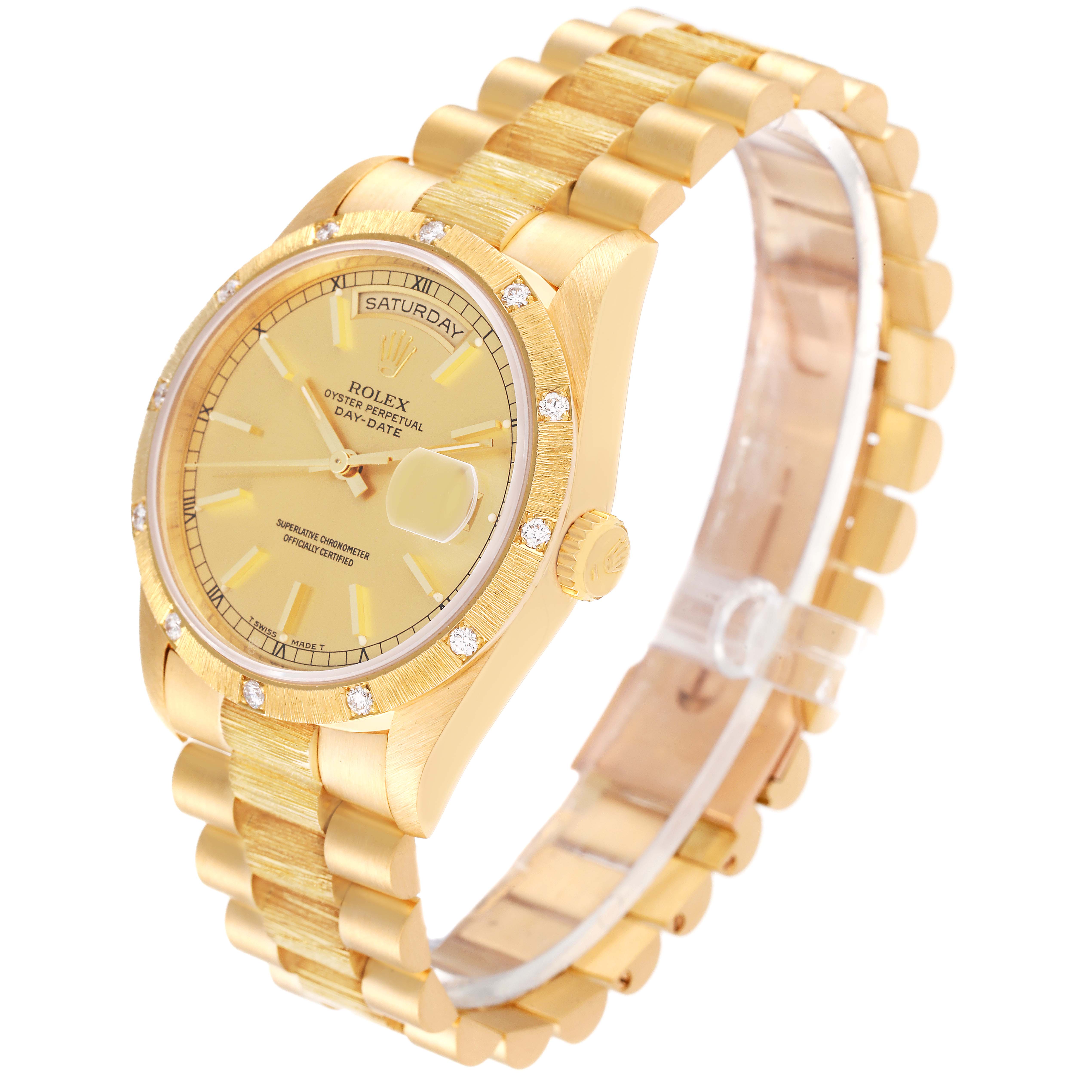 The Rolex President 18308 Men's Yellow Gold Champagne Dial 18308 Men's Yellow Gold Champagne Dial watch is shown at a three-quarter angle, showcasing its face, bezel, crown, and bracelet.