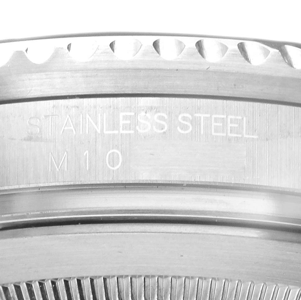 This image shows a close-up of the stainless steel case back of a Rolex Sea-Dweller 16600 Men
s Stainless Steel Black Dial 16600 Men
s Stainless Steel Black Dial watch.