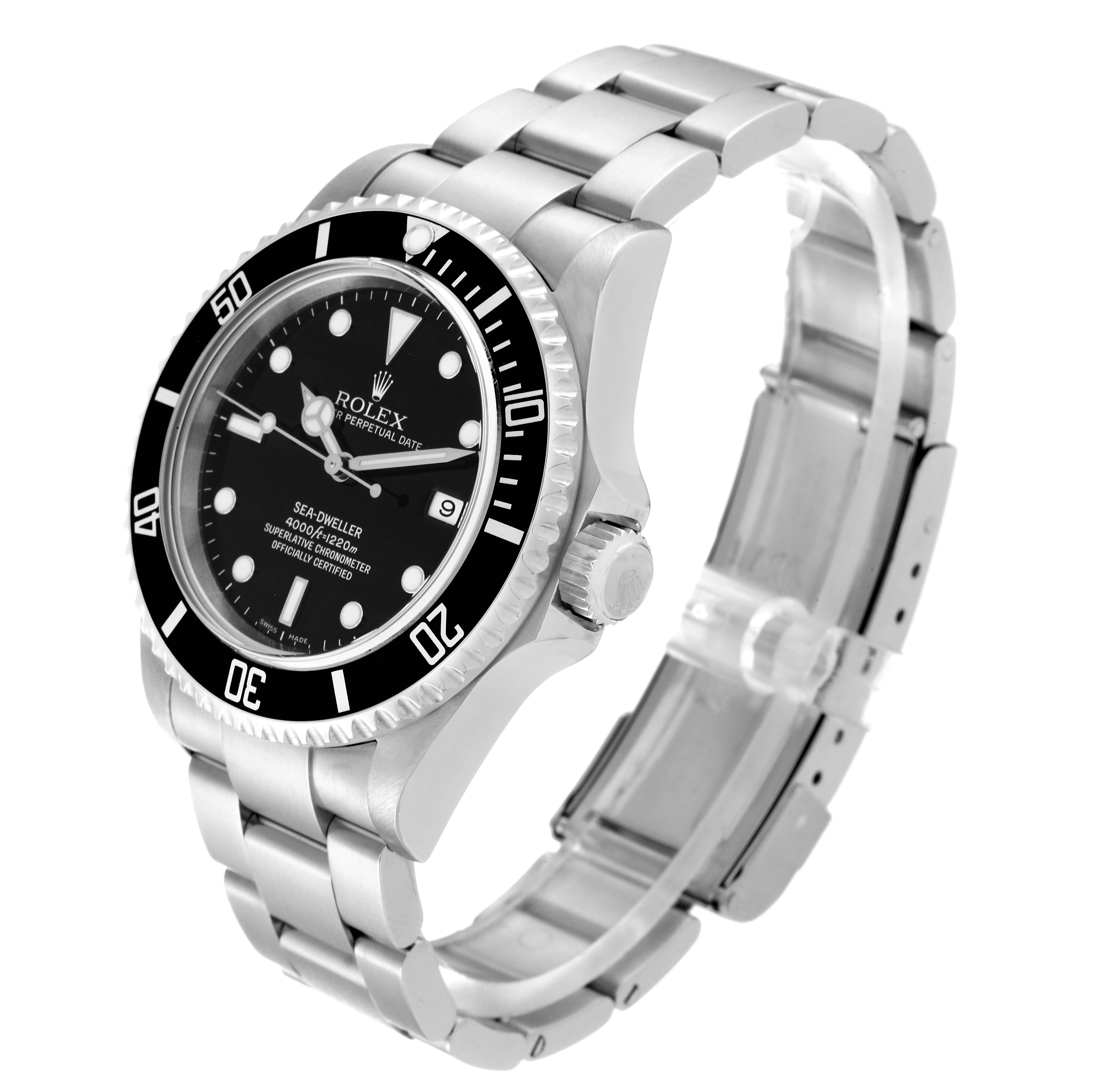 The Rolex Sea-Dweller 16600 Men
s Stainless Steel Black Dial 16600 Men
s Stainless Steel Black Dial watch is shown at a three-quarter angle, displaying the face, bezel, crown, and metal bracelet.