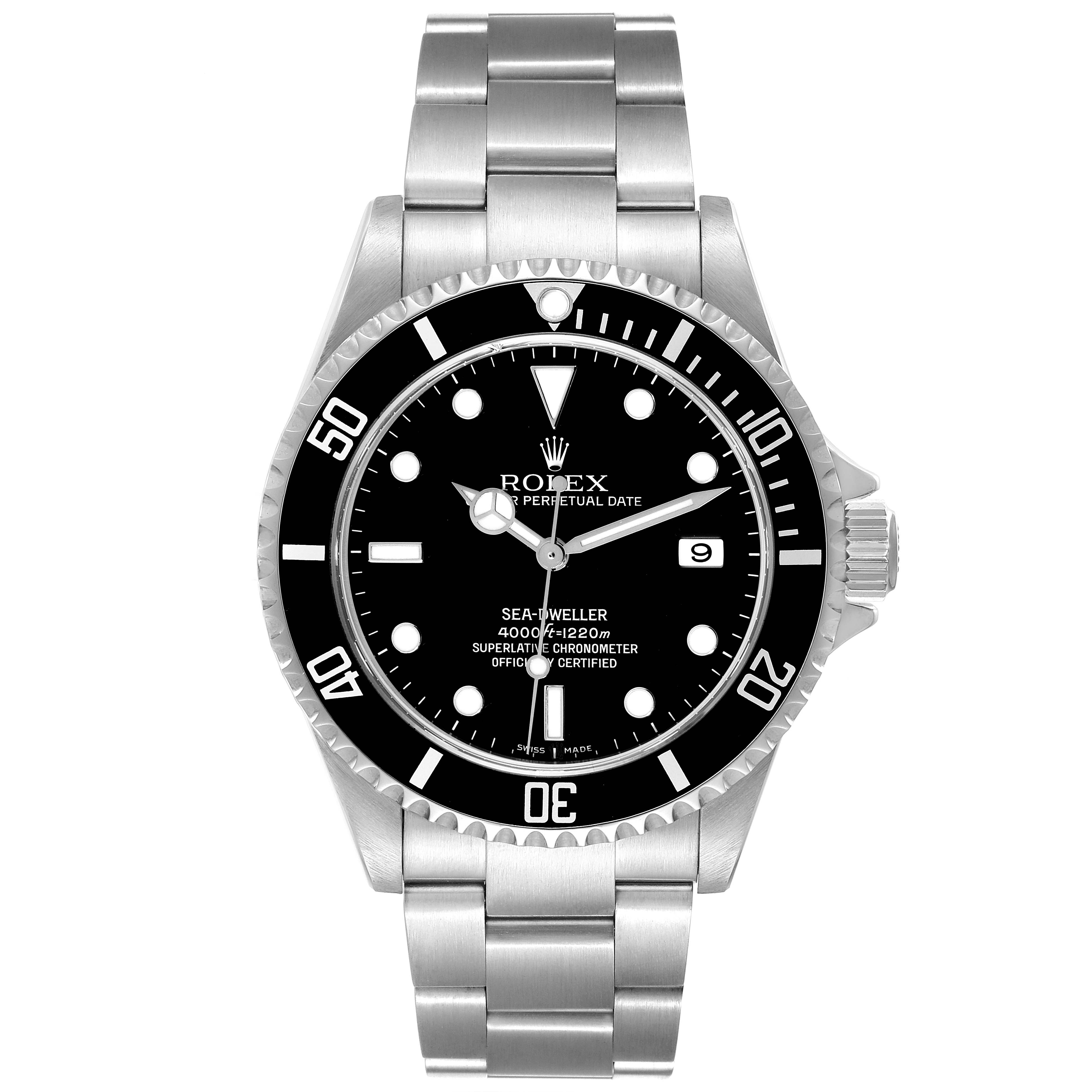 The image shows a front view of a Rolex Sea-Dweller 16600 Men
s Stainless Steel Black Dial 16600 Men
s Stainless Steel Black Dial watch, displaying the dial, bezel, bracelet, and crown.