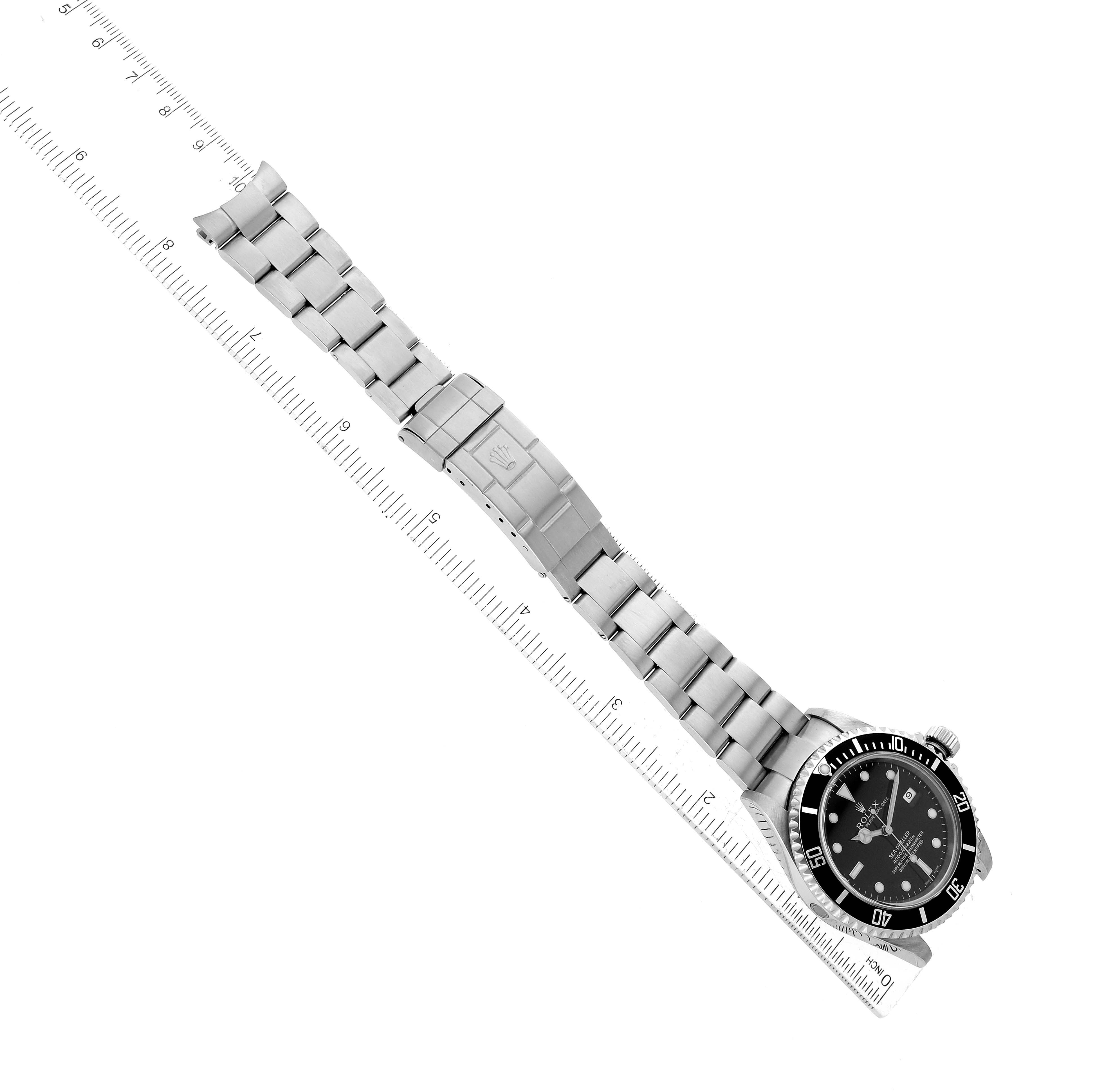 The image shows a side view of a Rolex Sea-Dweller 16600 Men
s Stainless Steel Black Dial 16600 Men
s Stainless Steel Black Dial watch with a focus on the silver bracelet and clasp.