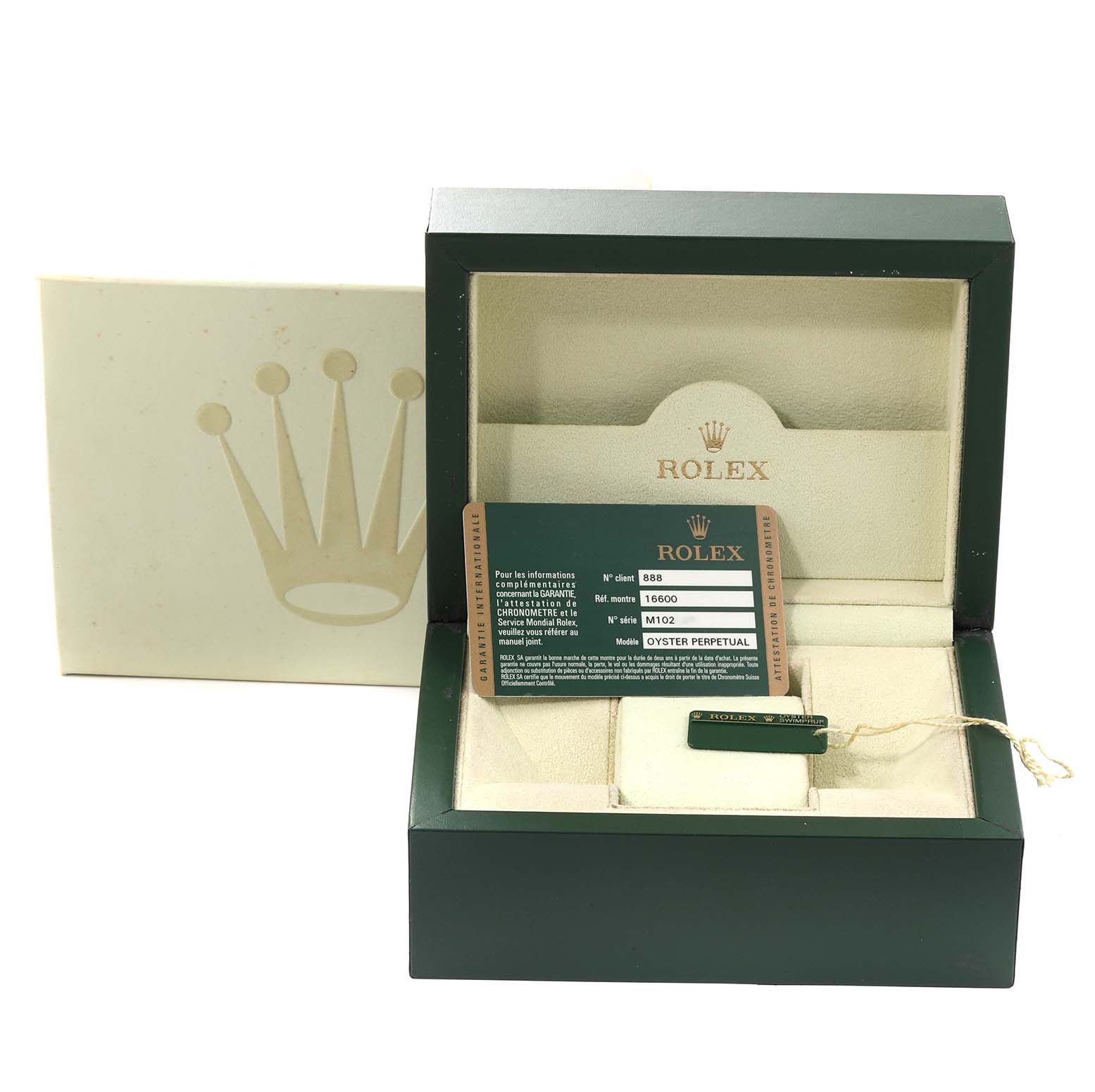 The image shows a green Rolex Sea-Dweller 16600 Men
s Stainless Steel Black Dial 16600 Men
s Stainless Steel Black Dial watch box with a card and tag, viewed from the front.