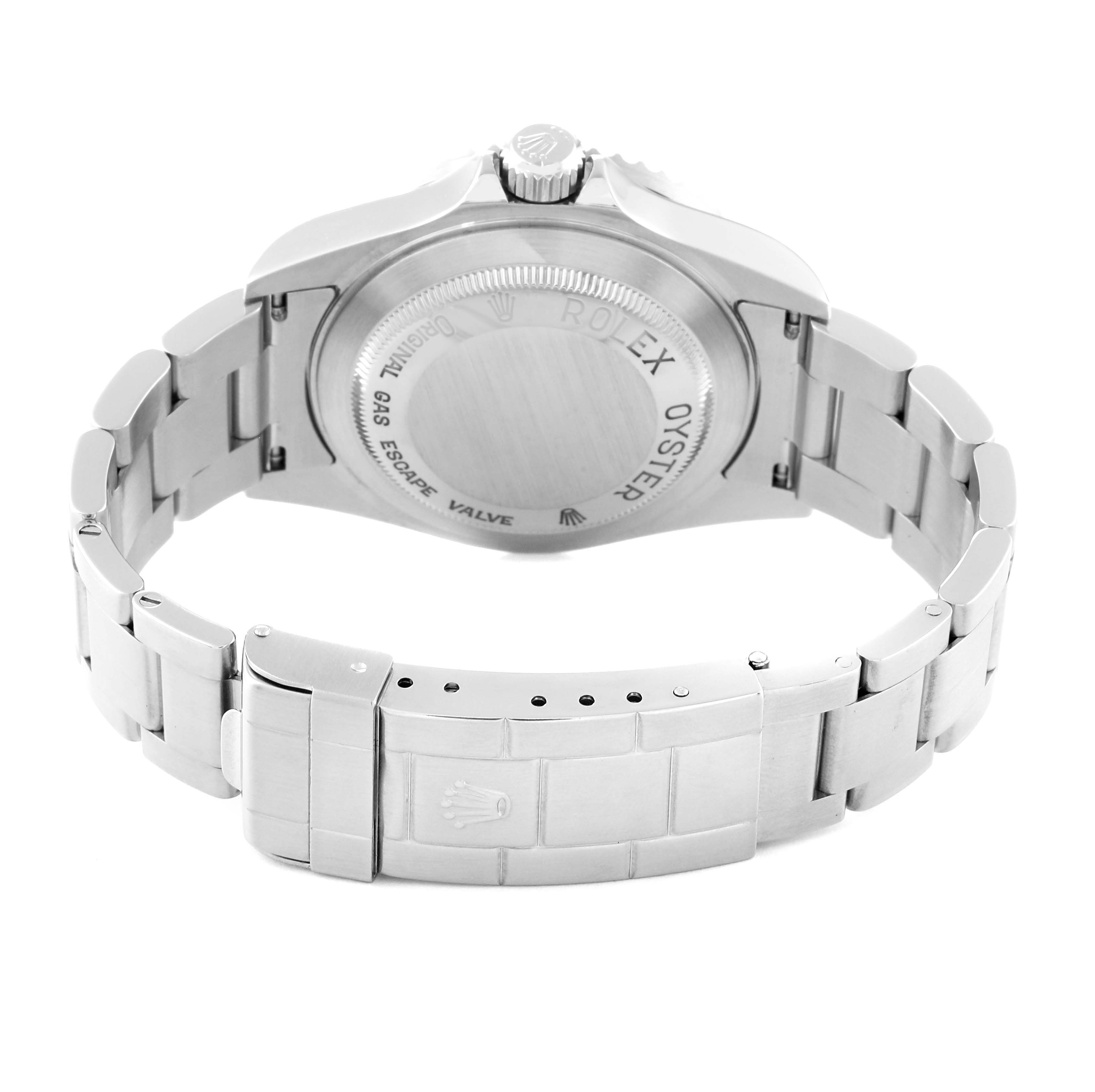 The image shows the back view of a Rolex Sea-Dweller 16600 Men
s Stainless Steel Black Dial 16600 Men
s Stainless Steel Black Dial watch highlighting the clasp, bracelet, and case back.