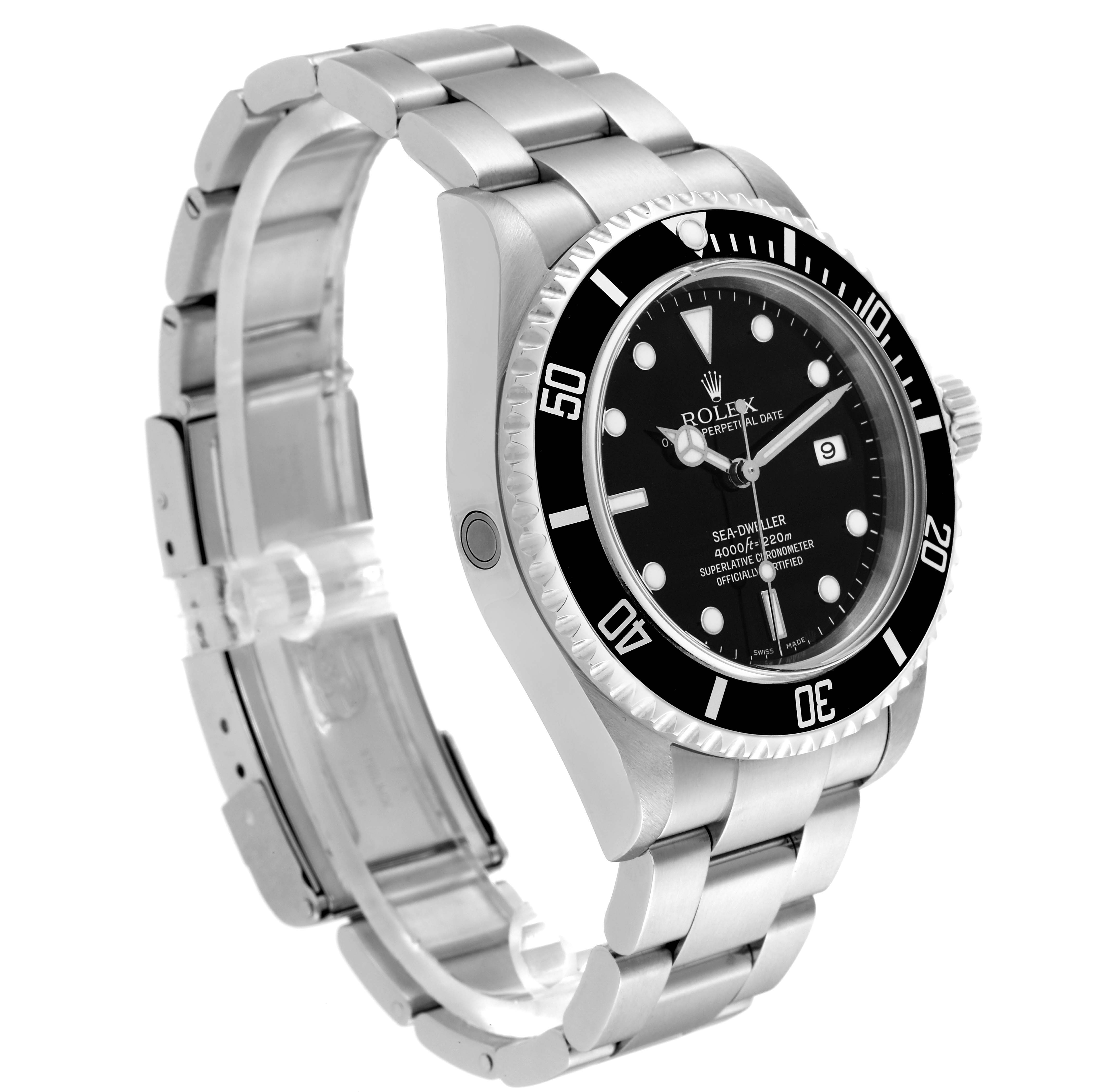The image shows a Rolex Sea-Dweller 16600 Men
s Stainless Steel Black Dial 16600 Men
s Stainless Steel Black Dial watch at a three-quarter angle, highlighting the bezel, dial, and bracelet.