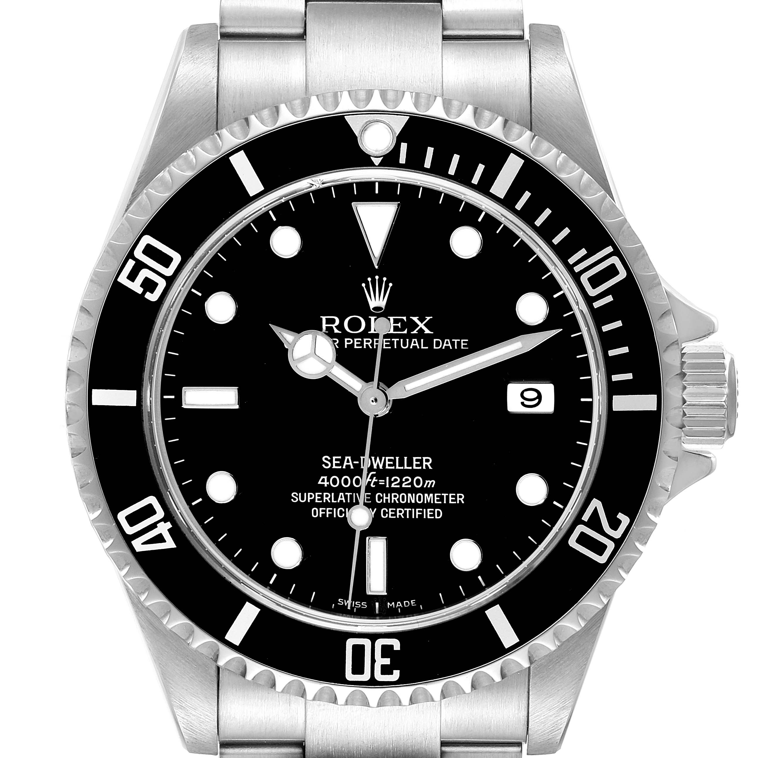 This image shows a front view of the Rolex Sea-Dweller 16600 Men
s Stainless Steel Black Dial 16600 Men
s Stainless Steel Black Dial watch, highlighting the dial, bezel, and metal bracelet.