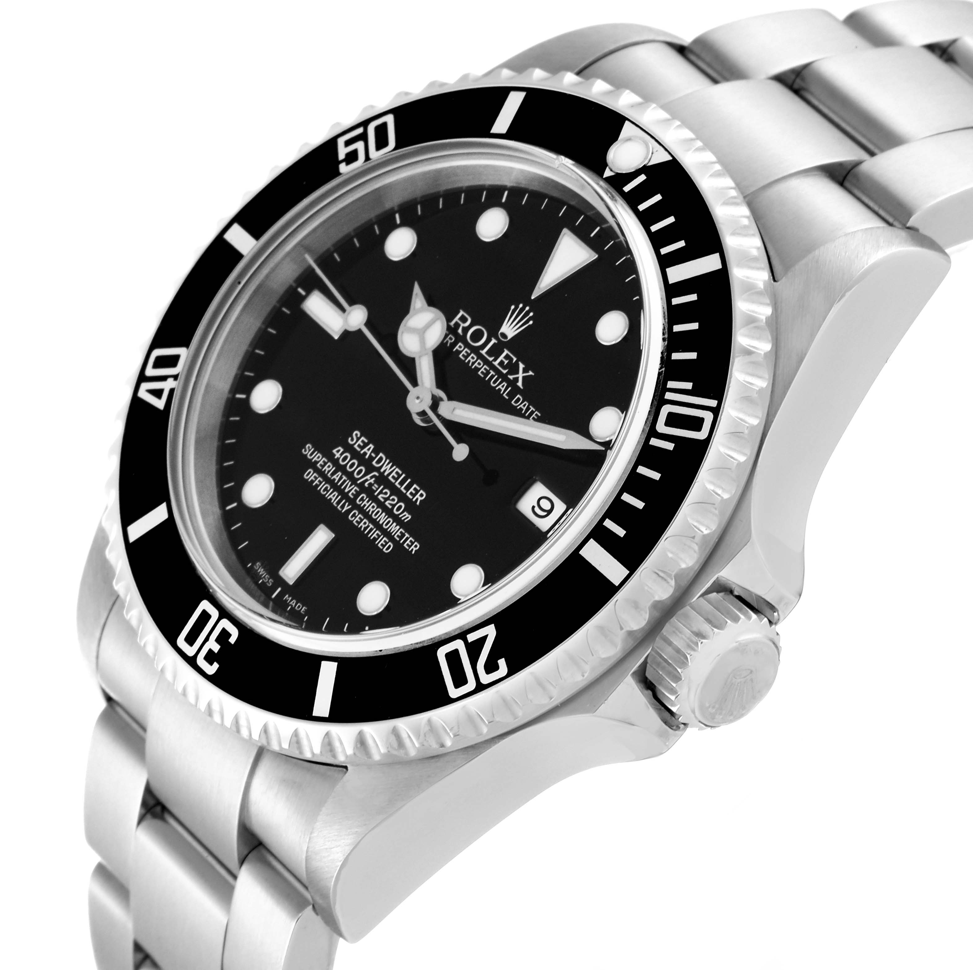 The Rolex Sea-Dweller 16600 Men
s Stainless Steel Black Dial 16600 Men
s Stainless Steel Black Dial watch is shown at an angle highlighting the face, bezel, crown, and part of the bracelet.
