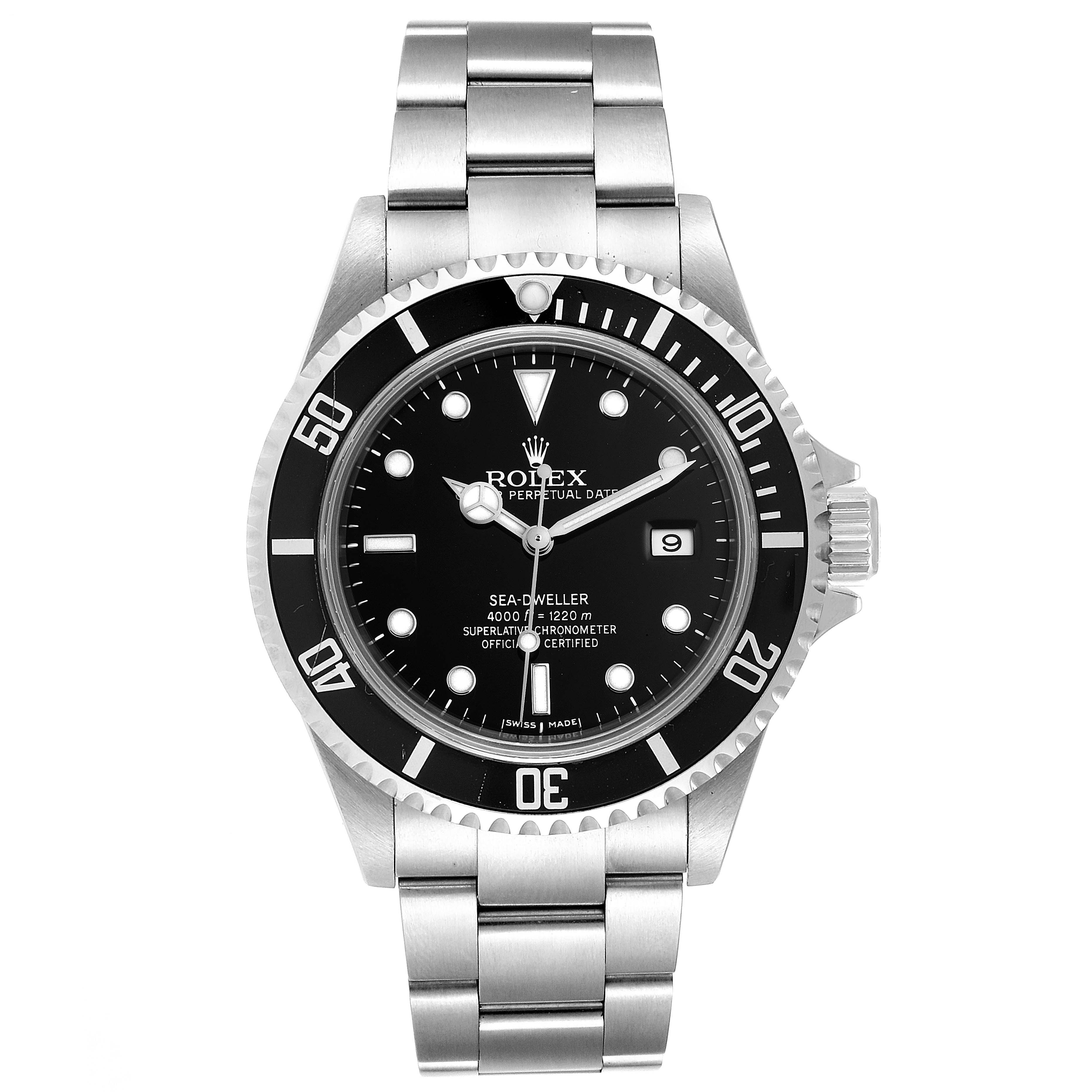 This is a frontal view of a Rolex Sea-Dweller 16600 Men
s Stainless Steel Black Dial 16600 Men
s Stainless Steel Black Dial watch showcasing the dial, bezel, crown, and bracelet.