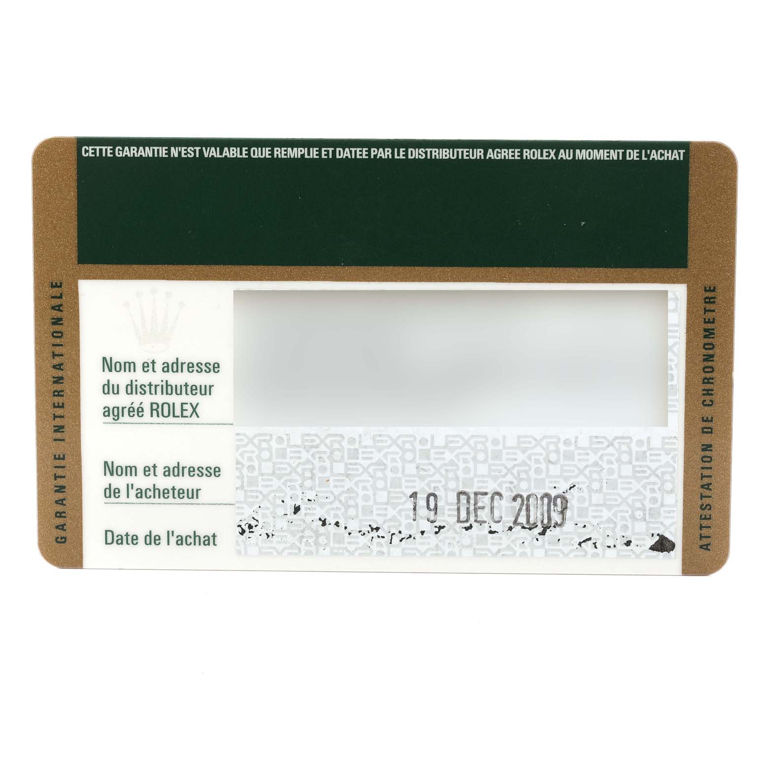 This image shows a warranty card for the Rolex Sea-Dweller 16600 Men
s Stainless Steel Black Dial 16600 Men
s Stainless Steel Black Dial watch.