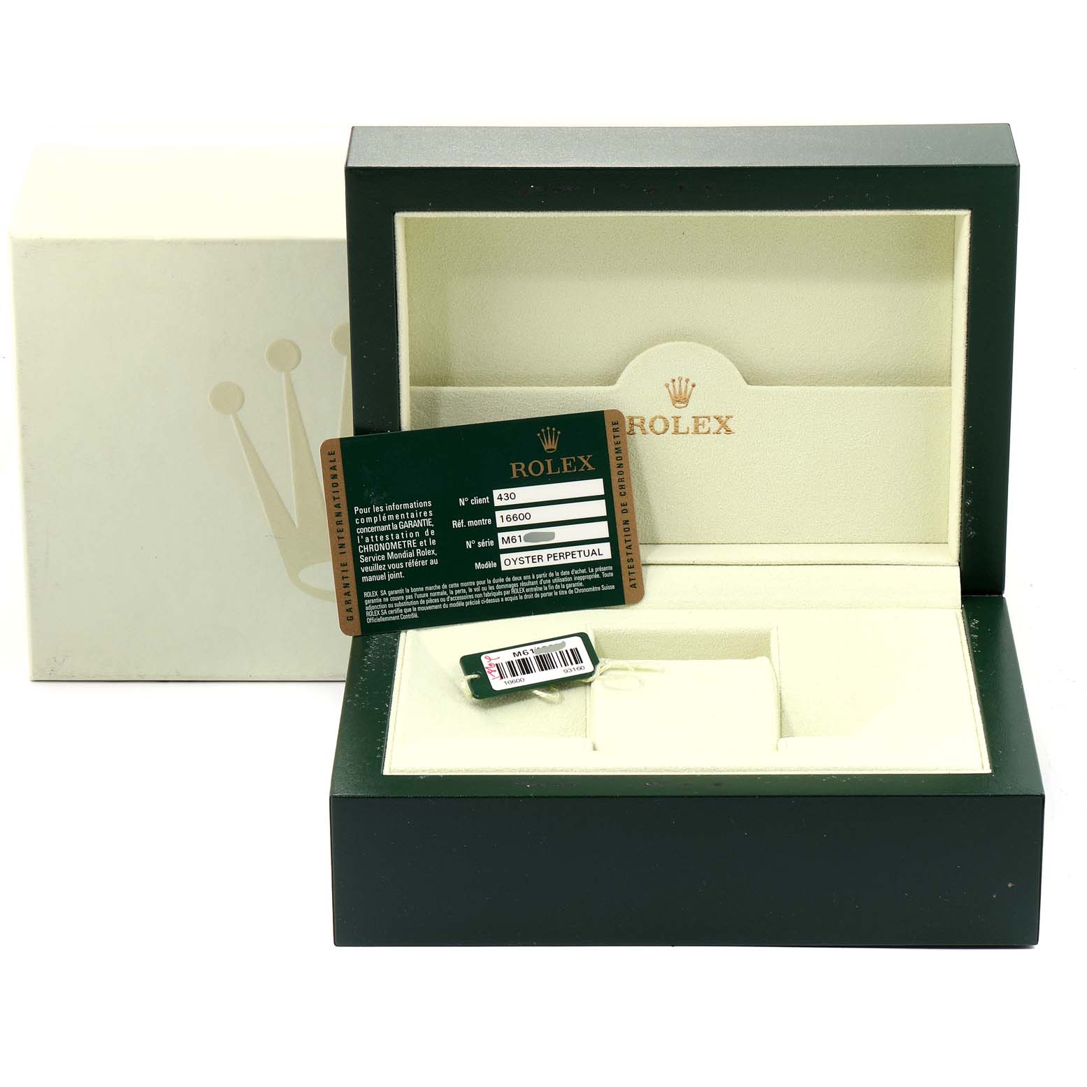 The image shows an empty Rolex Sea-Dweller 16600 Men
s Stainless Steel Black Dial 16600 Men
s Stainless Steel Black Dial watch case, along with an Best Quality
ity card and a tag inside the case.