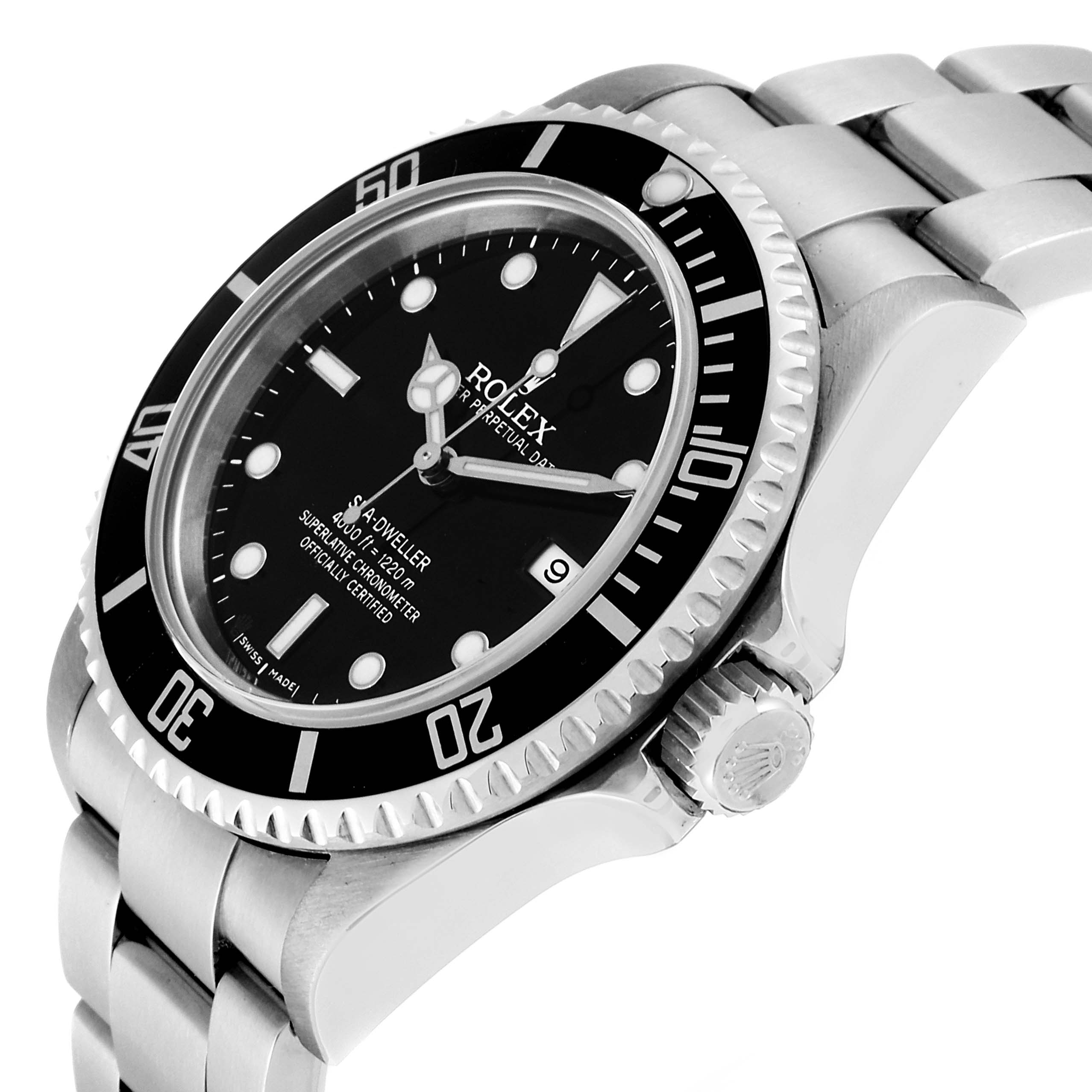 The image shows a Rolex Sea-Dweller 16600 Men
s Stainless Steel Black Dial 16600 Men
s Stainless Steel Black Dial watch at an angled view, displaying the face, bezel, and a portion of the bracelet.