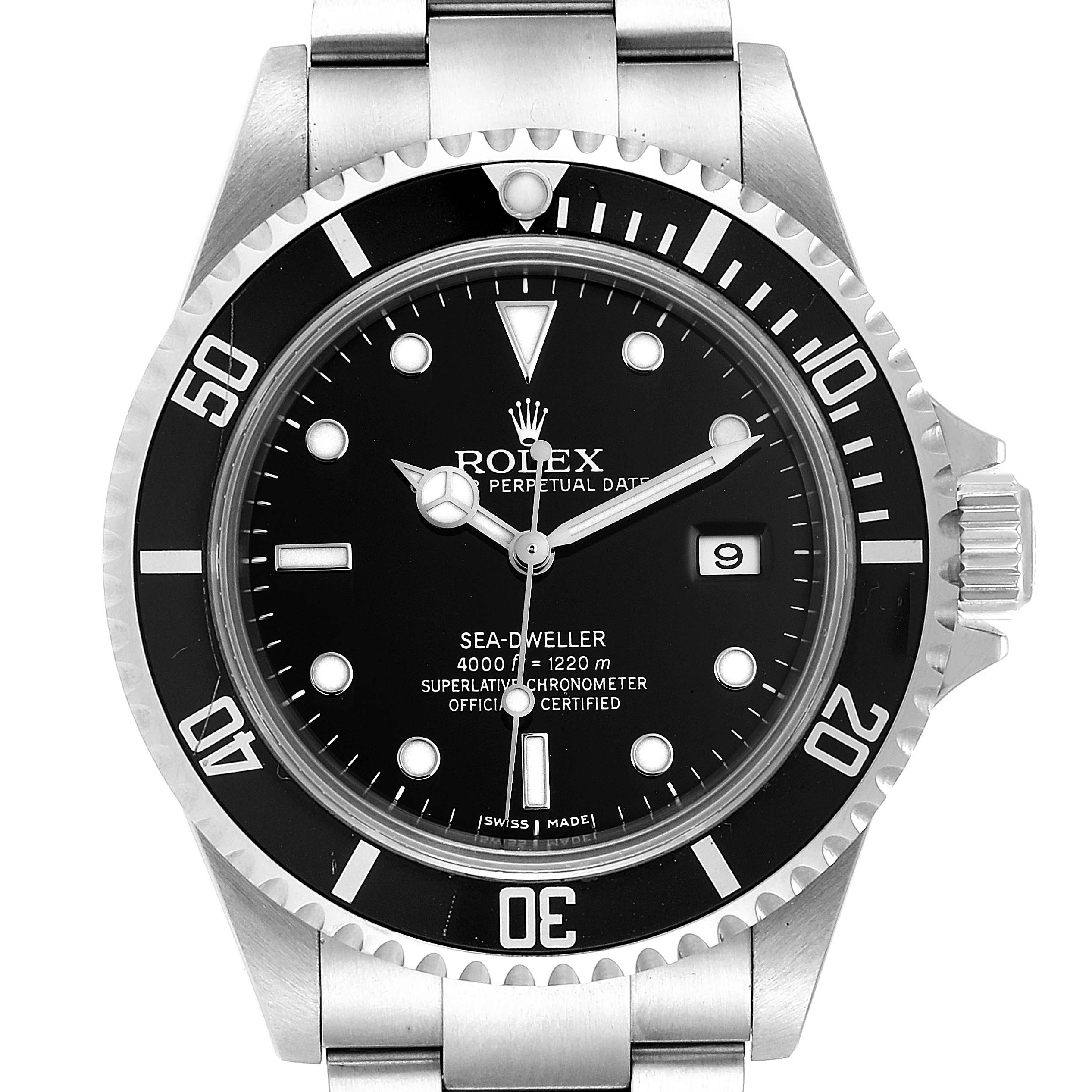 The image shows a front view of a Rolex Sea-Dweller 16600 Men
s Stainless Steel Black Dial 16600 Men
s Stainless Steel Black Dial watch, highlighting its dial, bezel, and bracelet.