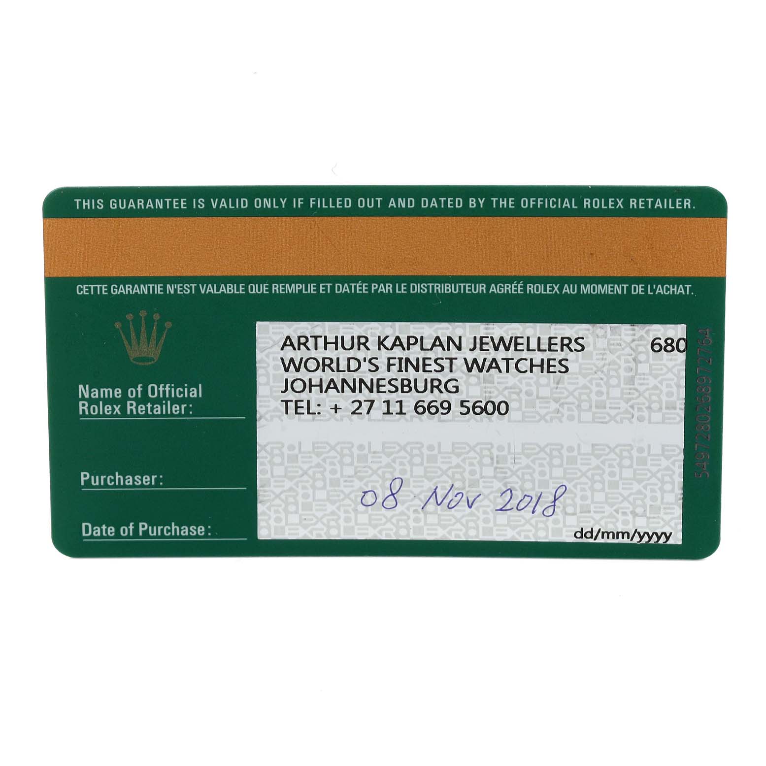 This is a close-up of a Rolex Sea-Dweller 126660 Men
s Stainless Steel Blue Dial 126660 Men
s Stainless Steel Blue Dial guarantee card from an authorized retailer, dated 08 Nov 2018.