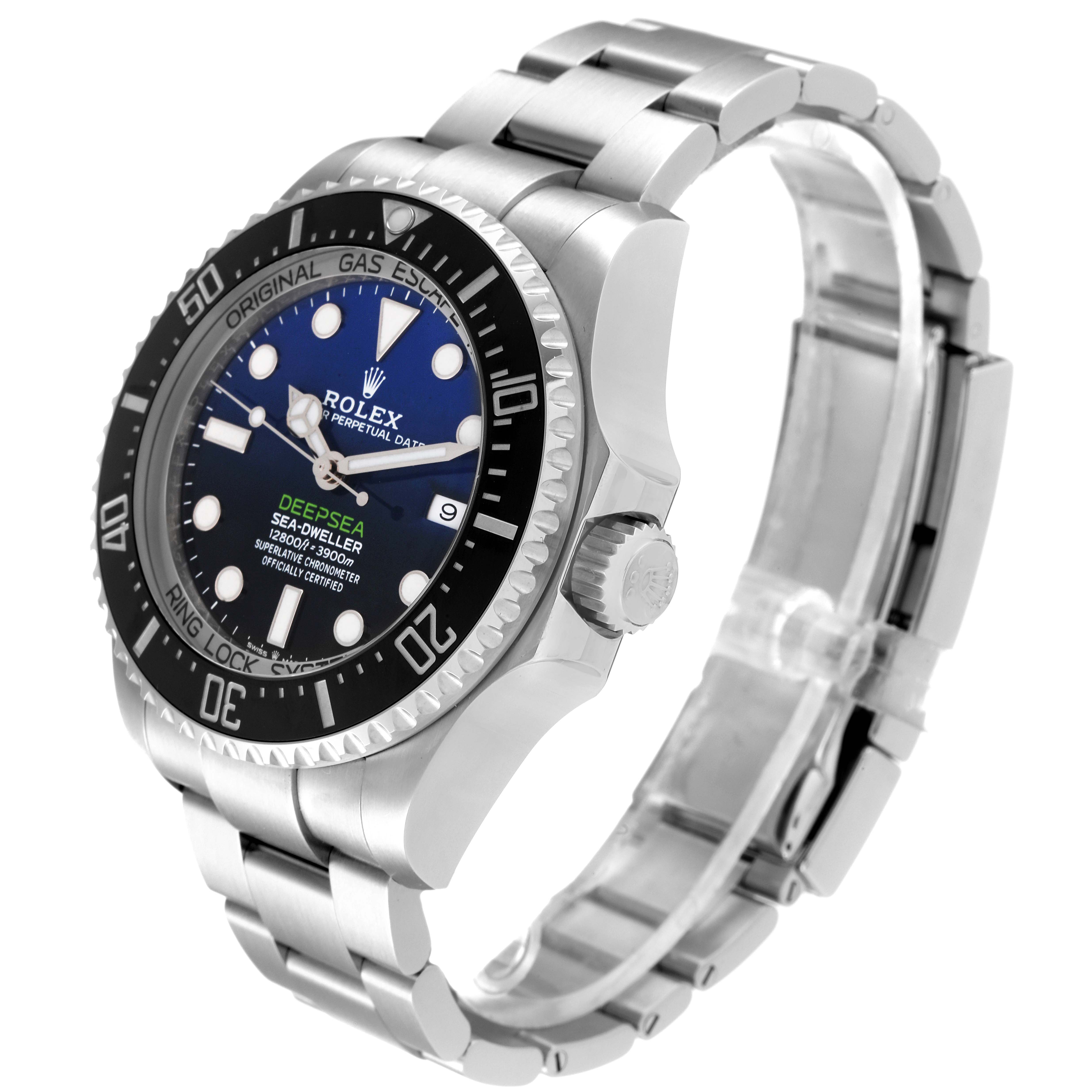 The image shows a Rolex Sea-Dweller 126660 Men
s Stainless Steel Blue Dial 126660 Men
s Stainless Steel Blue Dial Deepsea watch at an angled side view, highlighting the bezel, dial, and bracelet.