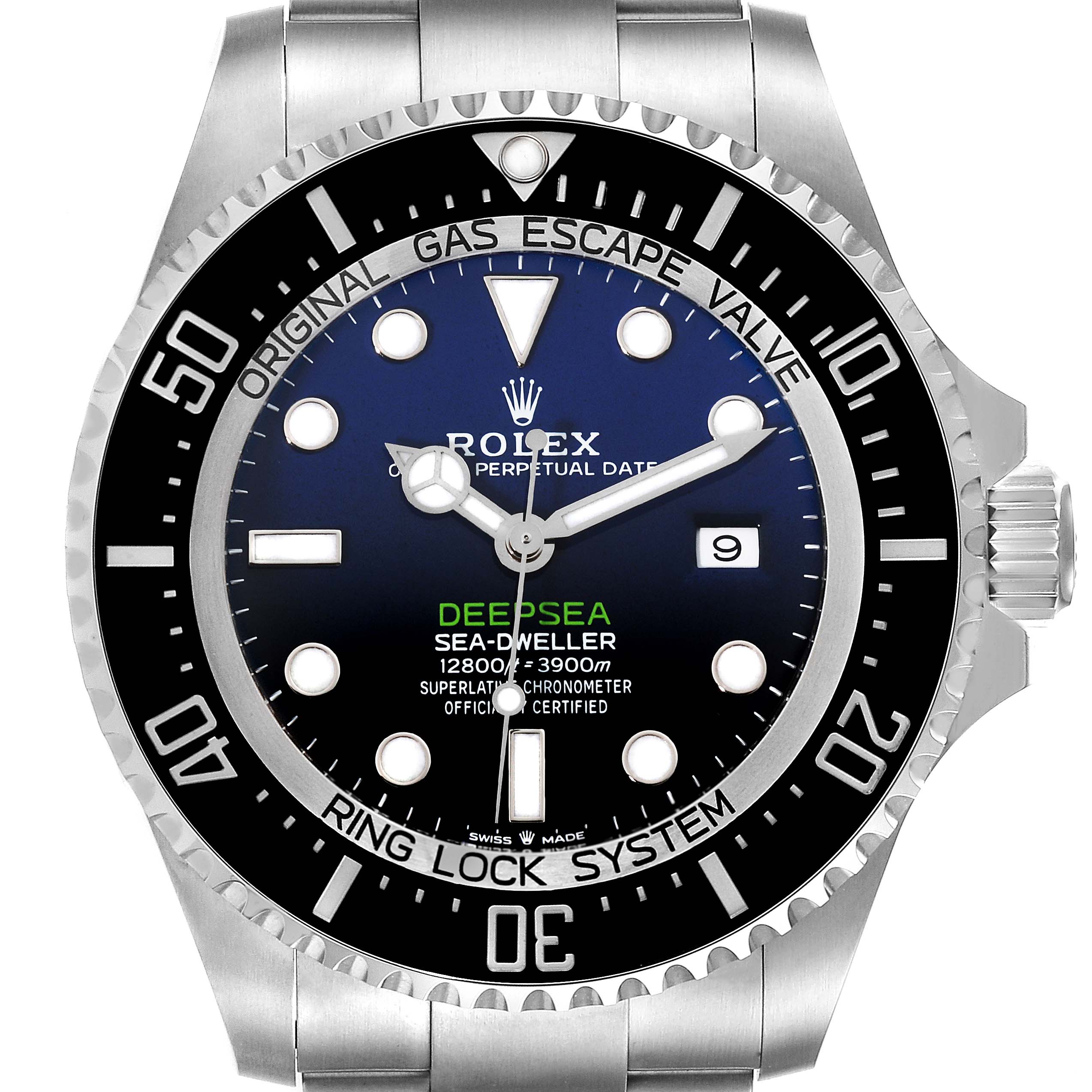This image shows a frontal view of the Rolex Sea-Dweller 126660 Men
s Stainless Steel Blue Dial 126660 Men
s Stainless Steel Blue Dial Deepsea model, displaying the dial, bezel, and part of the bracelet.