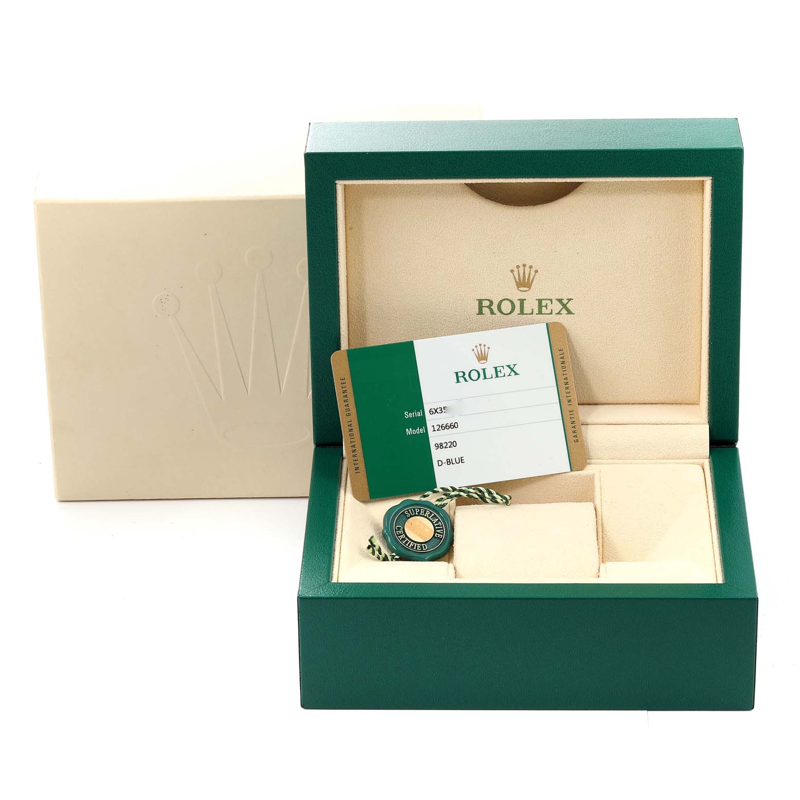 This image shows a Rolex Sea-Dweller 126660 Men
s Stainless Steel Blue Dial 126660 Men
s Stainless Steel Blue Dial watch box with a certification card and tag, viewed from the front.