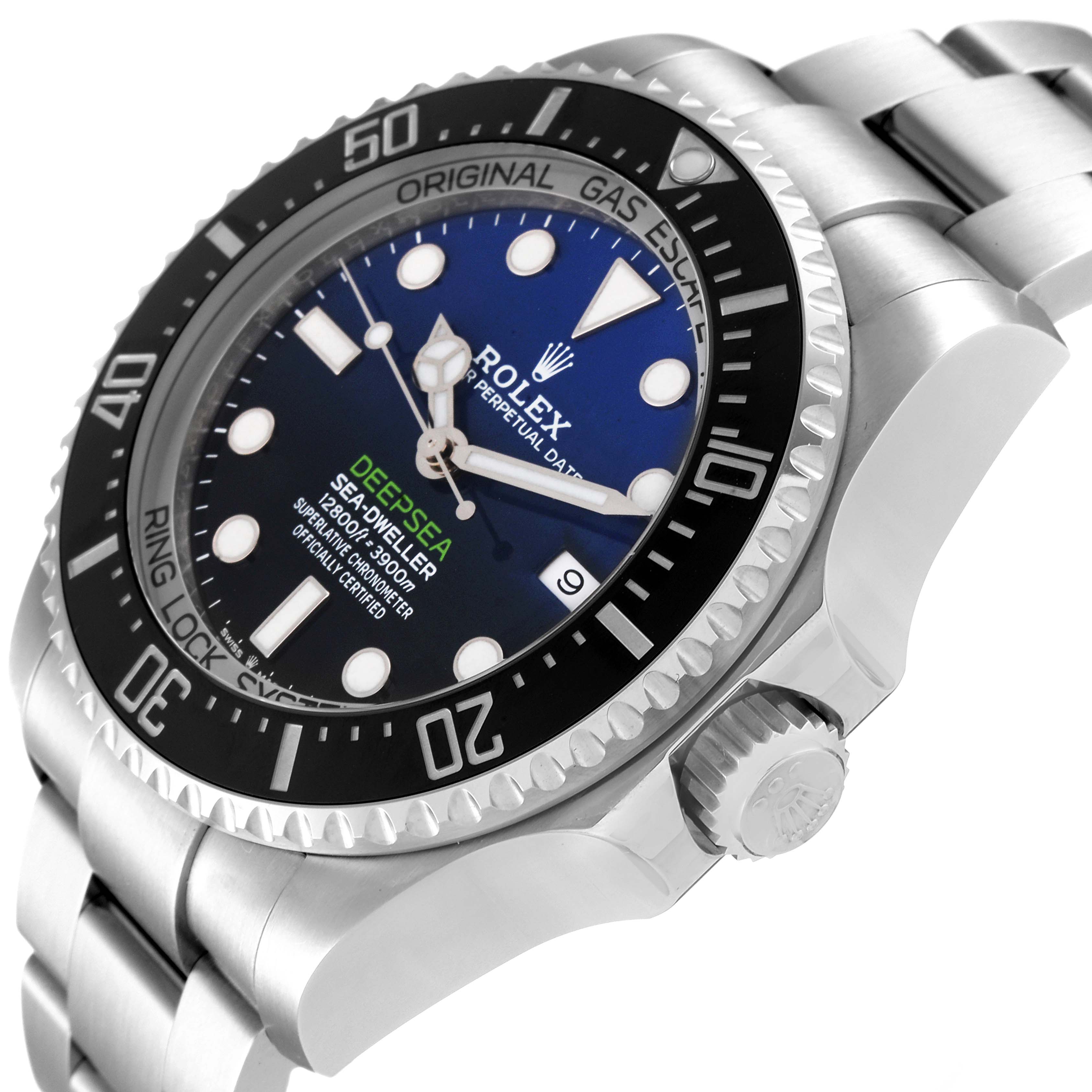The Rolex Sea-Dweller 126660 Men
s Stainless Steel Blue Dial 126660 Men
s Stainless Steel Blue Dial watch is shown at an angled side view, highlighting the dial, bezel, and crown.