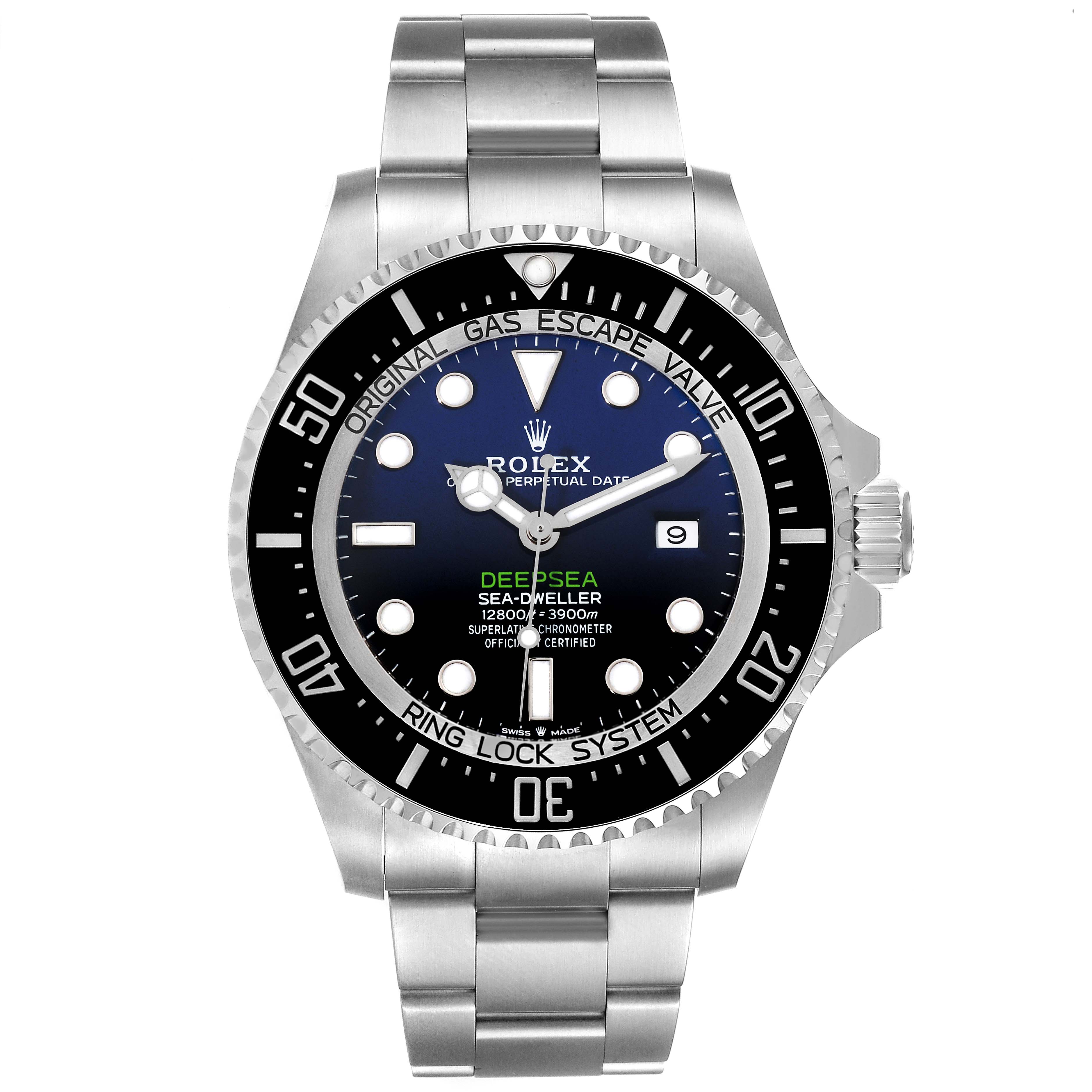 The image shows a front view of the Rolex Sea-Dweller 126660 Men
s Stainless Steel Blue Dial 126660 Men
s Stainless Steel Blue Dial watch, displaying the dial, bezel, and bracelet.