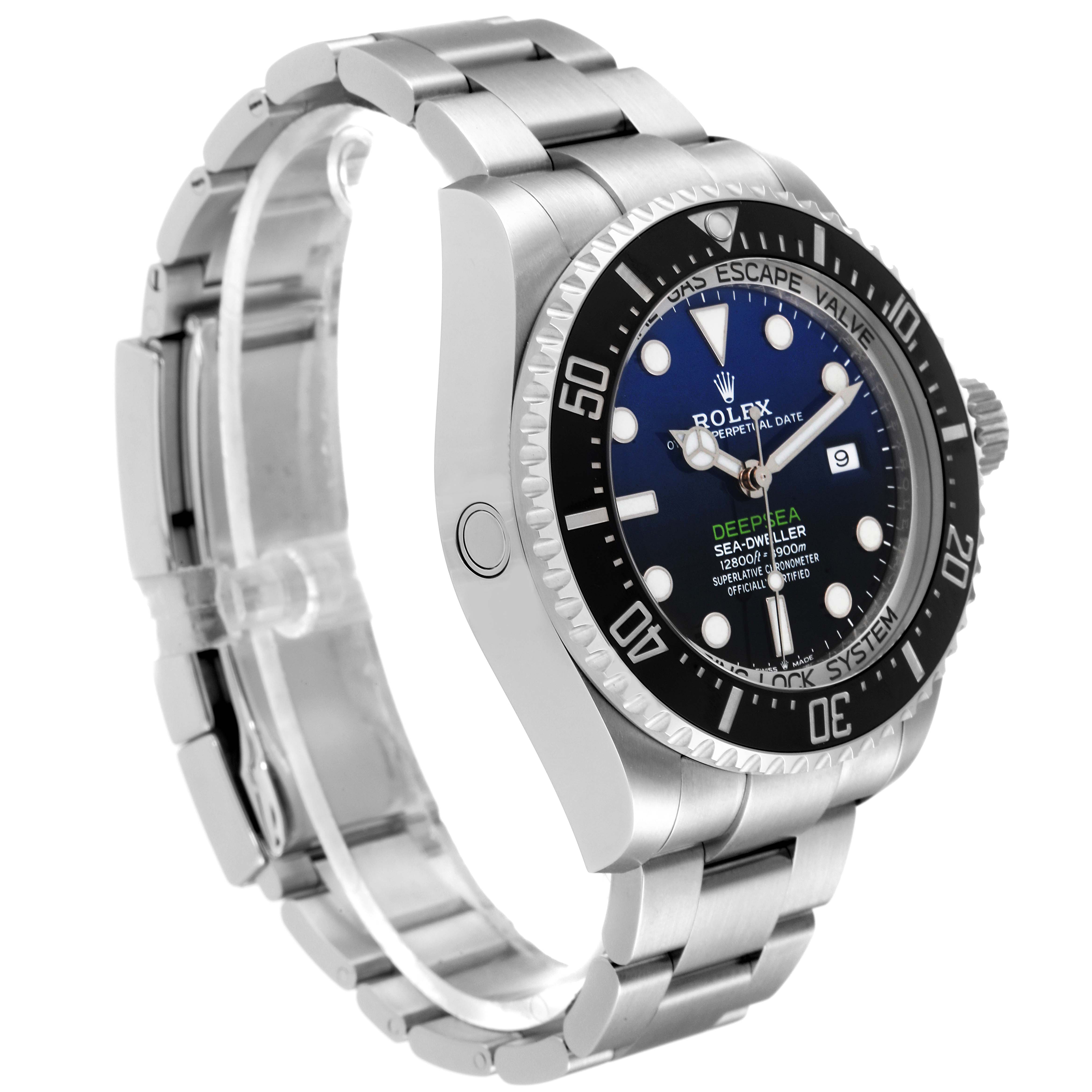 The image shows a side view of the Rolex Sea-Dweller 126660 Men
s Stainless Steel Blue Dial 126660 Men
s Stainless Steel Blue Dial watch, highlighting the face, bezel, and bracelet.
