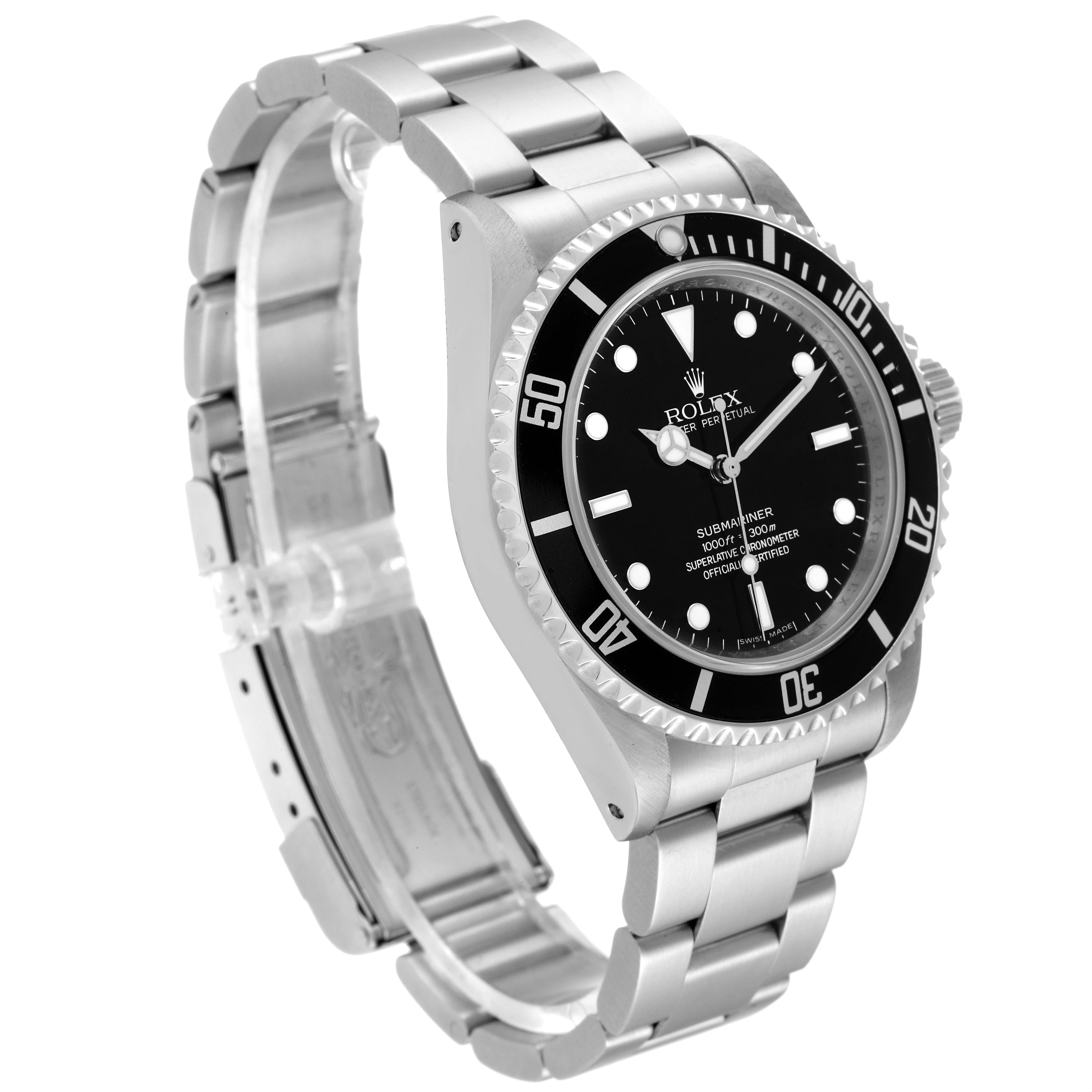 The image shows a side and front angle of the Rolex Submariner 14060M Men
s Stainless Steel Black Dial 14060M Men
s Stainless Steel Black Dial watch, including the dial, bezel, and bracelet.