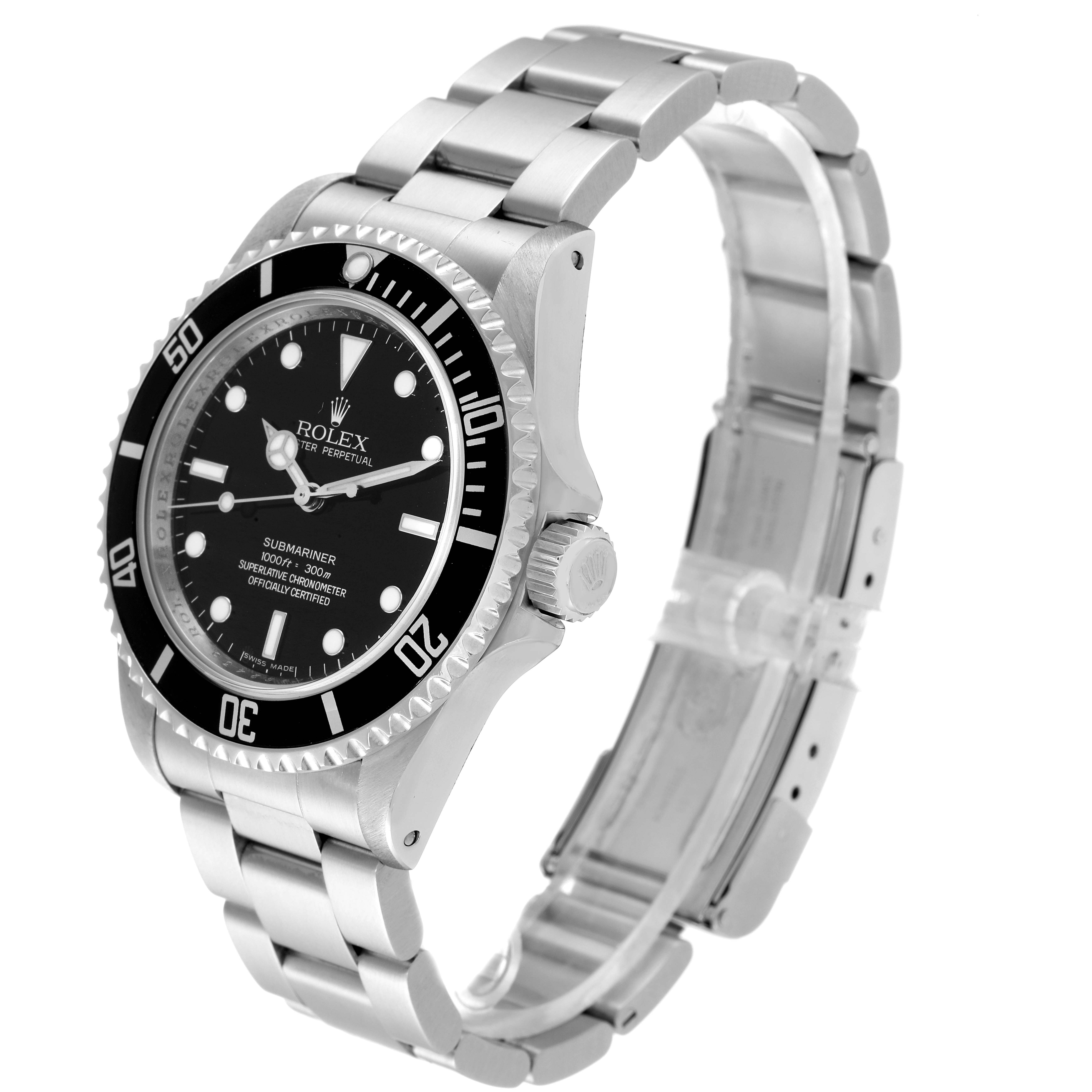 This image shows a side angle of a Rolex Submariner 14060M Men
s Stainless Steel Black Dial 14060M Men
s Stainless Steel Black Dial, focusing on the face, bezel, crown, and bracelet.