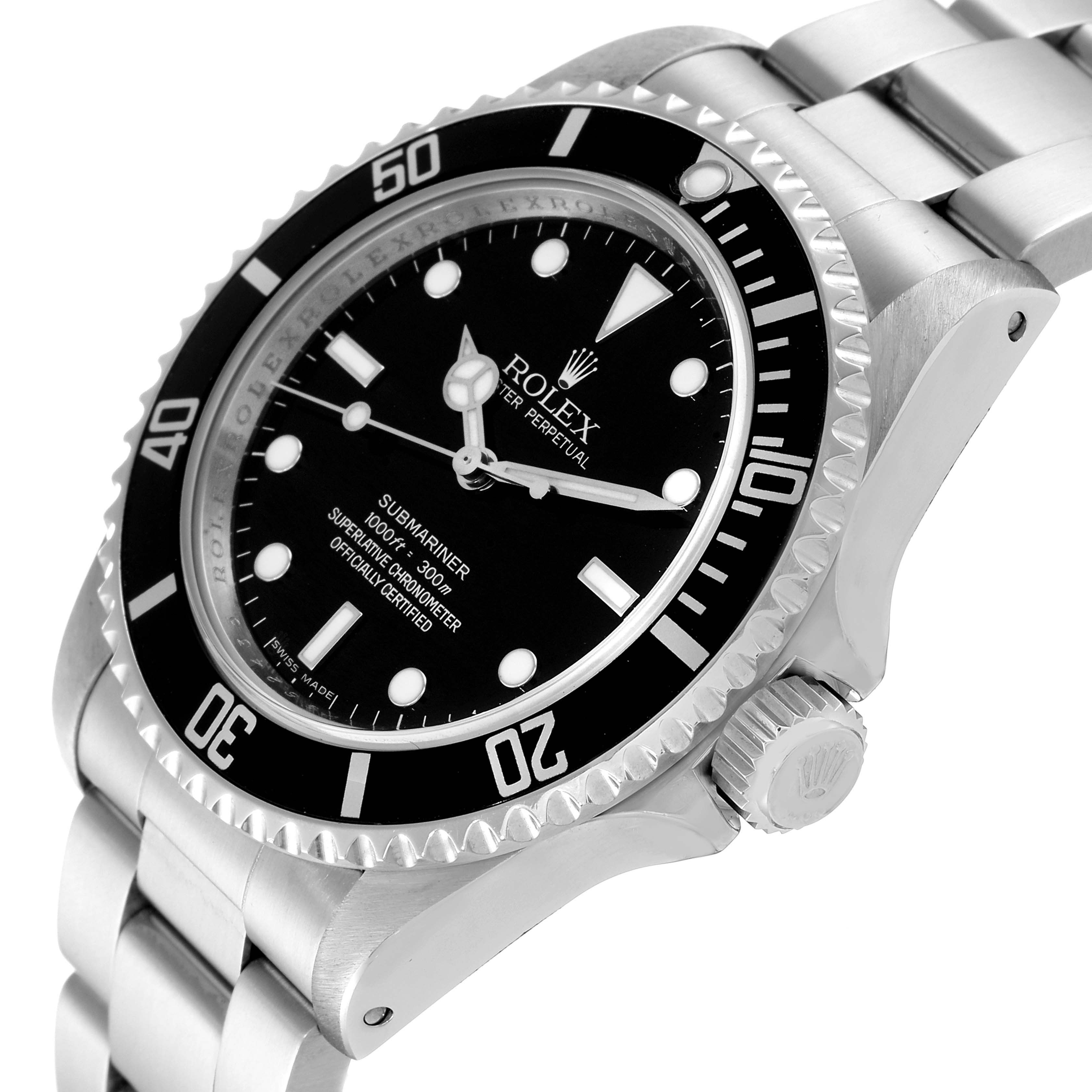The image shows the Rolex Submariner 14060M Men
s Stainless Steel Black Dial 14060M Men
s Stainless Steel Black Dial watch from an angled close-up, highlighting its bezel, dial, and part of the bracelet.