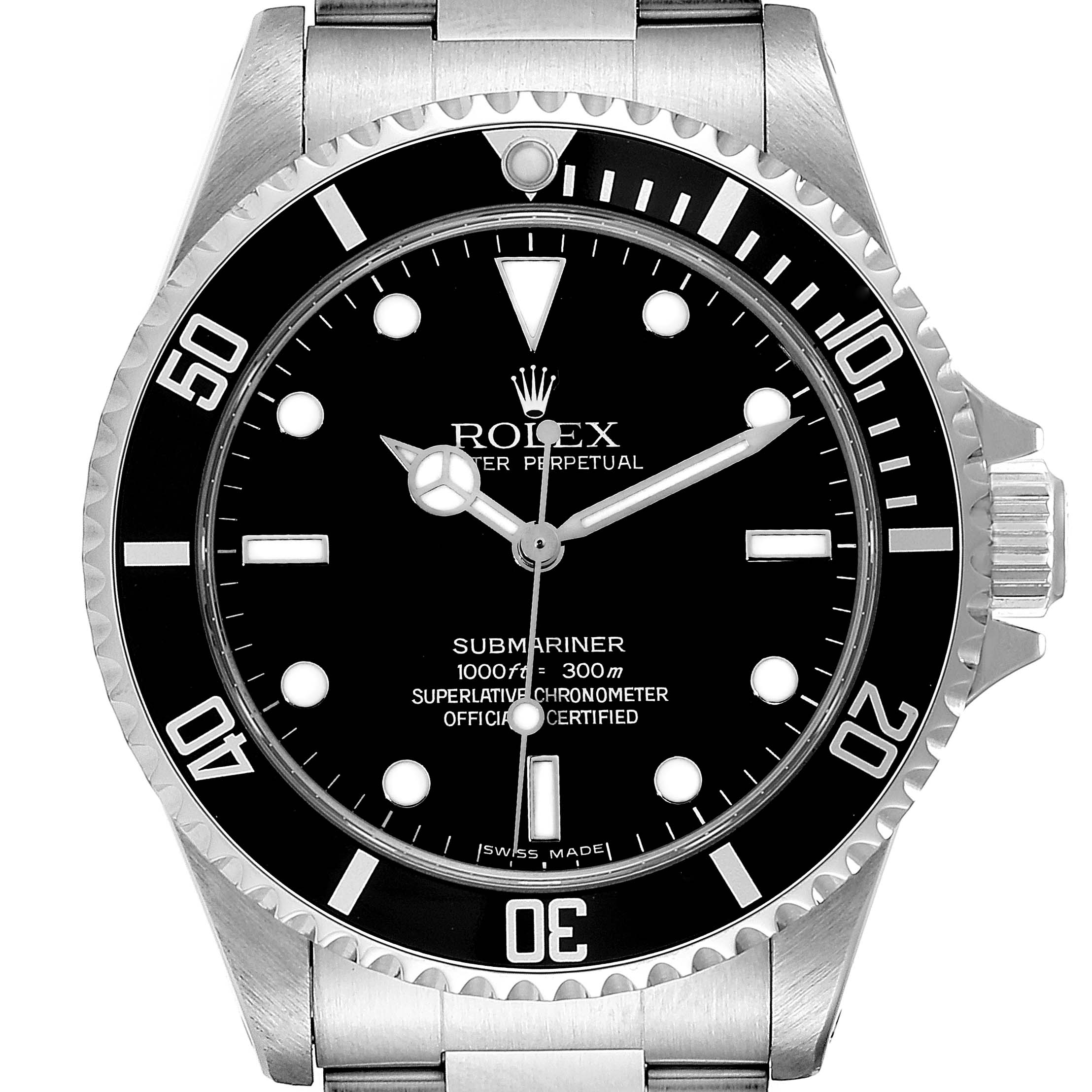 This image shows a frontal view of the Rolex Submariner 14060M Men
s Stainless Steel Black Dial 14060M Men
s Stainless Steel Black Dial watch, highlighting the dial, bezel, and part of the bracelet.