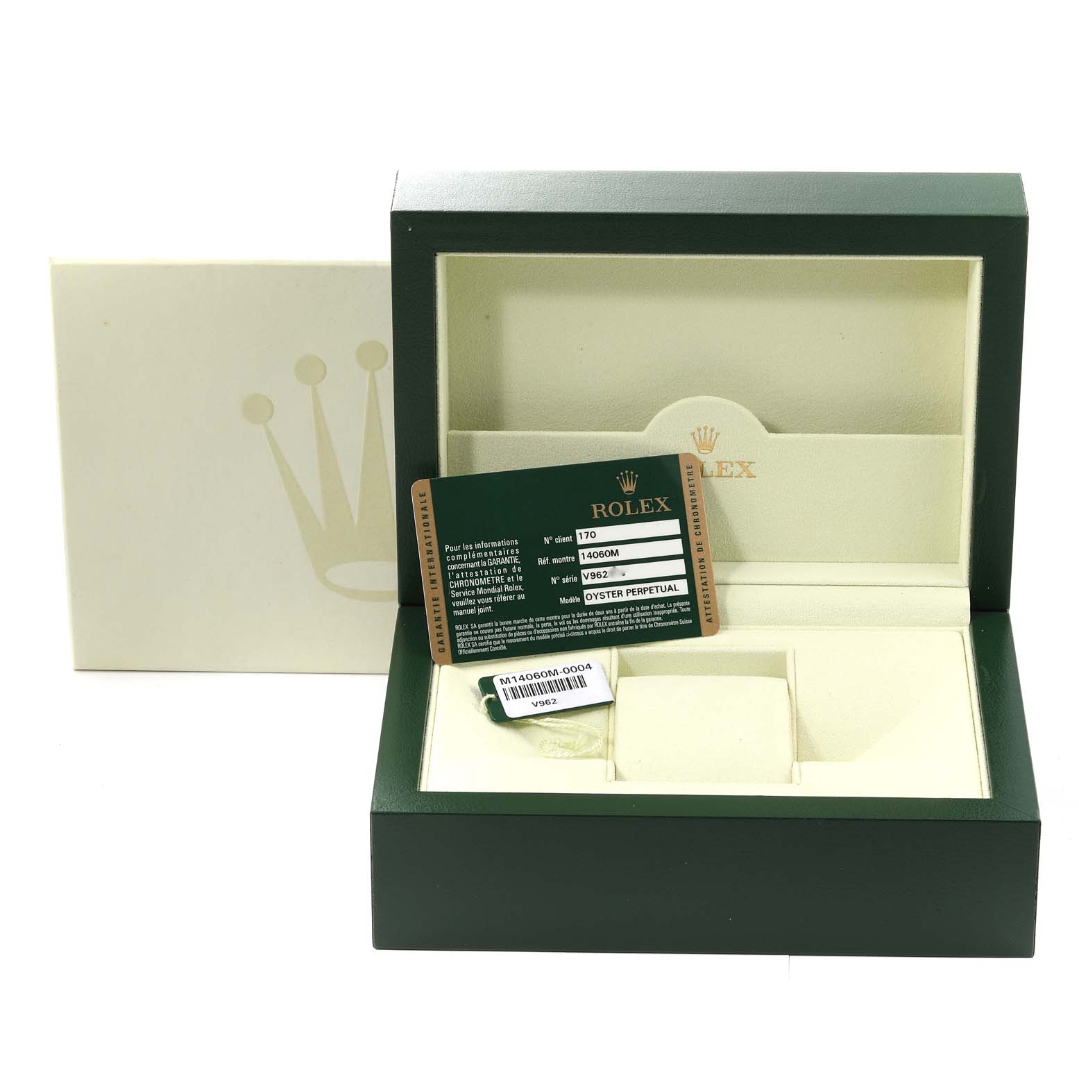 This image shows a Rolex Submariner 14060M Men
s Stainless Steel Black Dial 14060M Men
s Stainless Steel Black Dial watch box and accessories, including the warranty card and hangtag, viewed from the front.