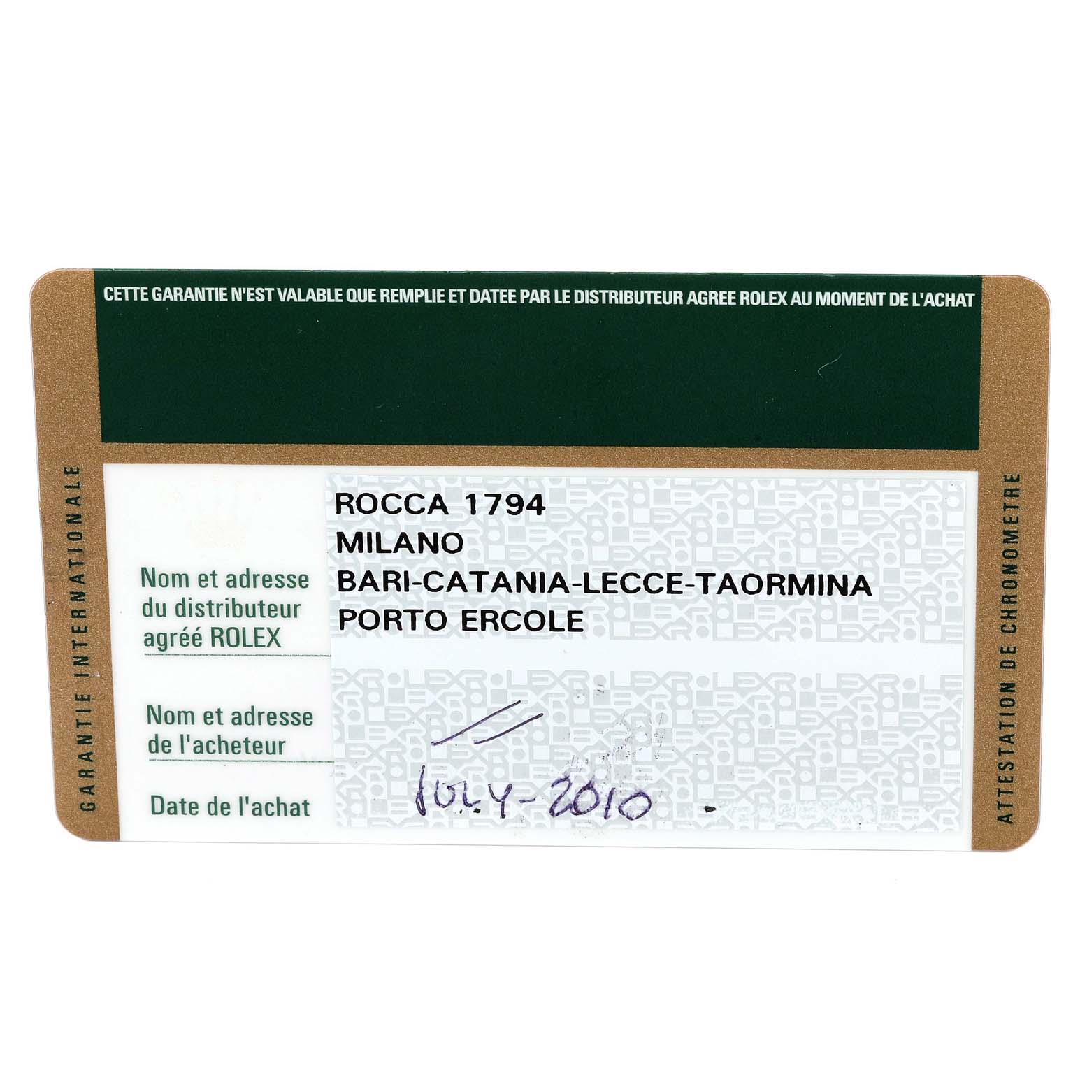 This image shows a warranty card for a Rolex Submariner 14060M Men
s Stainless Steel Black Dial 14060M Men
s Stainless Steel Black Dial watch, providing dealer and purchase date information.