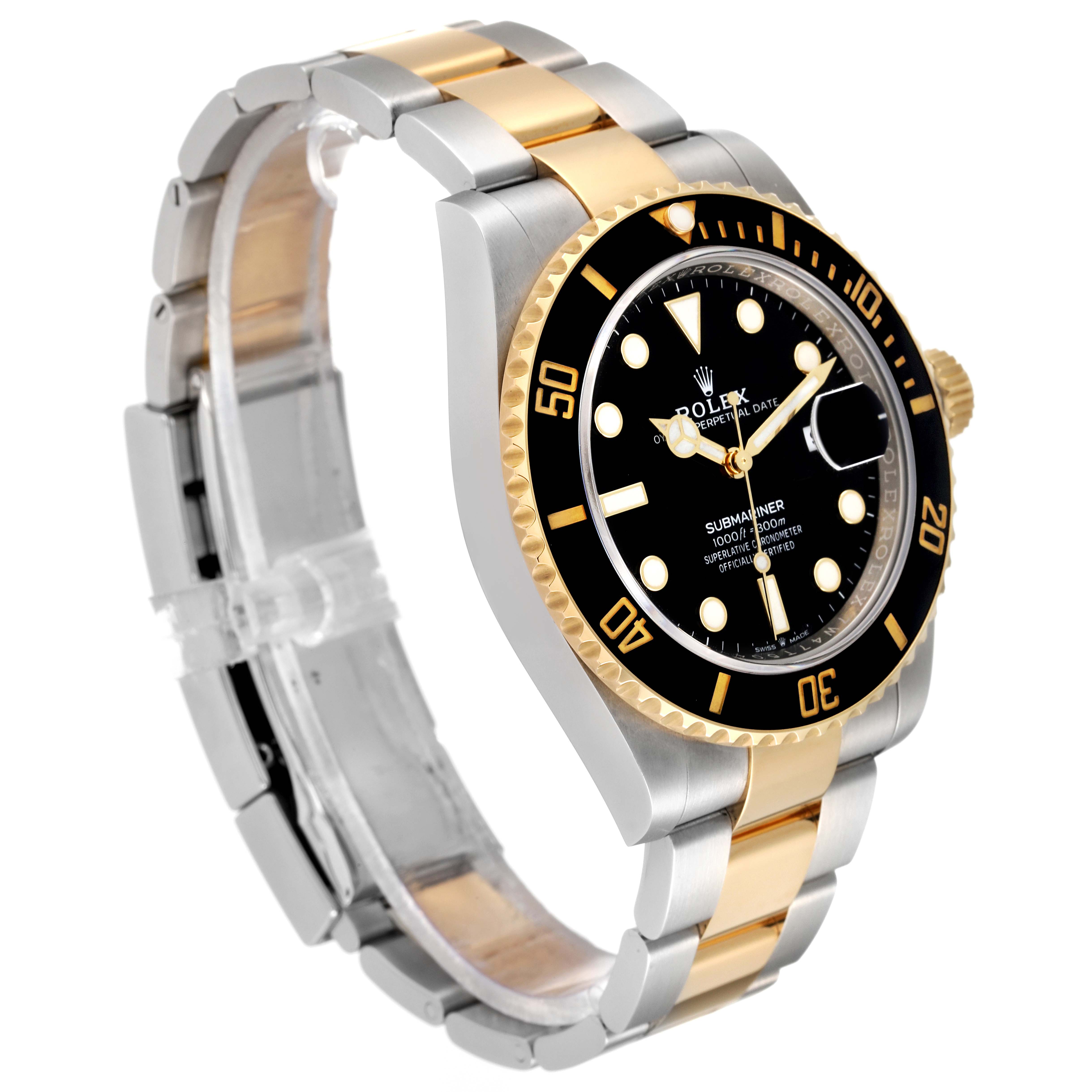 This image shows a side angle view of a Rolex Submariner 126613 Men
s Steel and Gold (two tone) Black Dial 126613 Men
s Steel and Gold (two tone) Black Dial, highlighting its two-tone bracelet and black bezel with a gold accent.