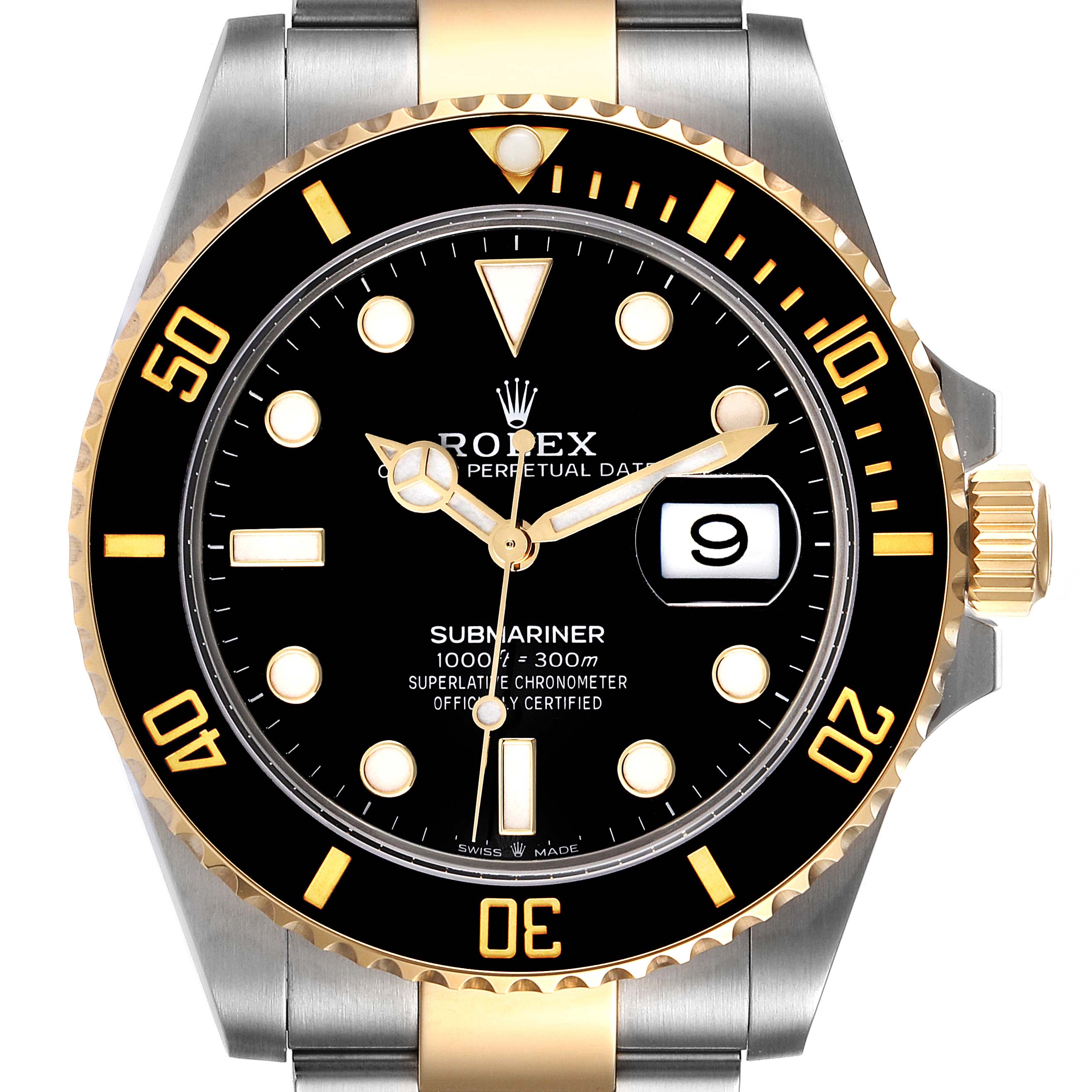 The image shows the front view of a Rolex Submariner 126613 Men
s Steel and Gold (two tone) Black Dial 126613 Men
s Steel and Gold (two tone) Black Dial watch, focusing on the dial, bezel, and part of the band.