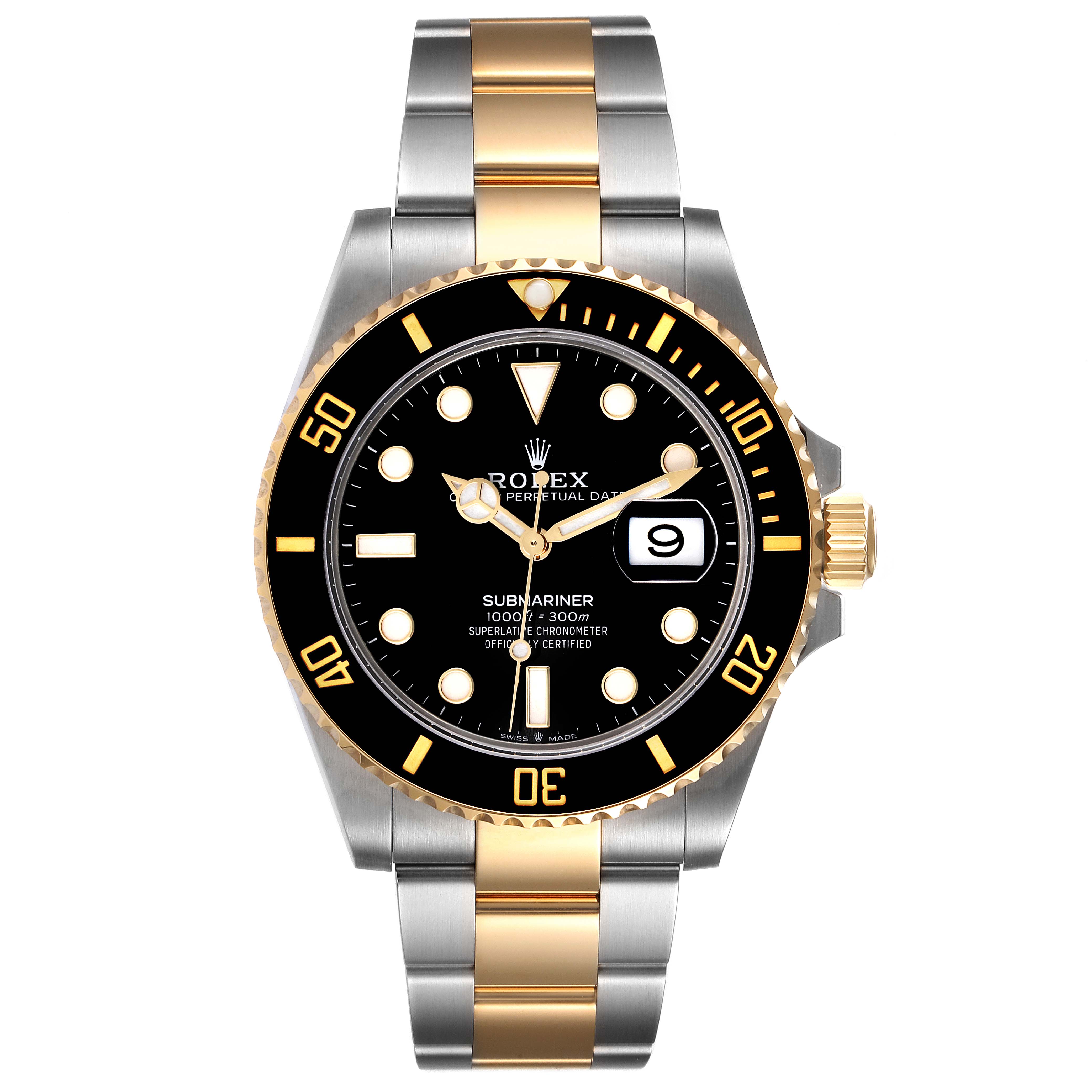 The image shows a front view of a Rolex Submariner 126613 Men
s Steel and Gold (two tone) Black Dial 126613 Men
s Steel and Gold (two tone) Black Dial watch, highlighting the bezel, dial, hands, date, and two-tone bracelet.