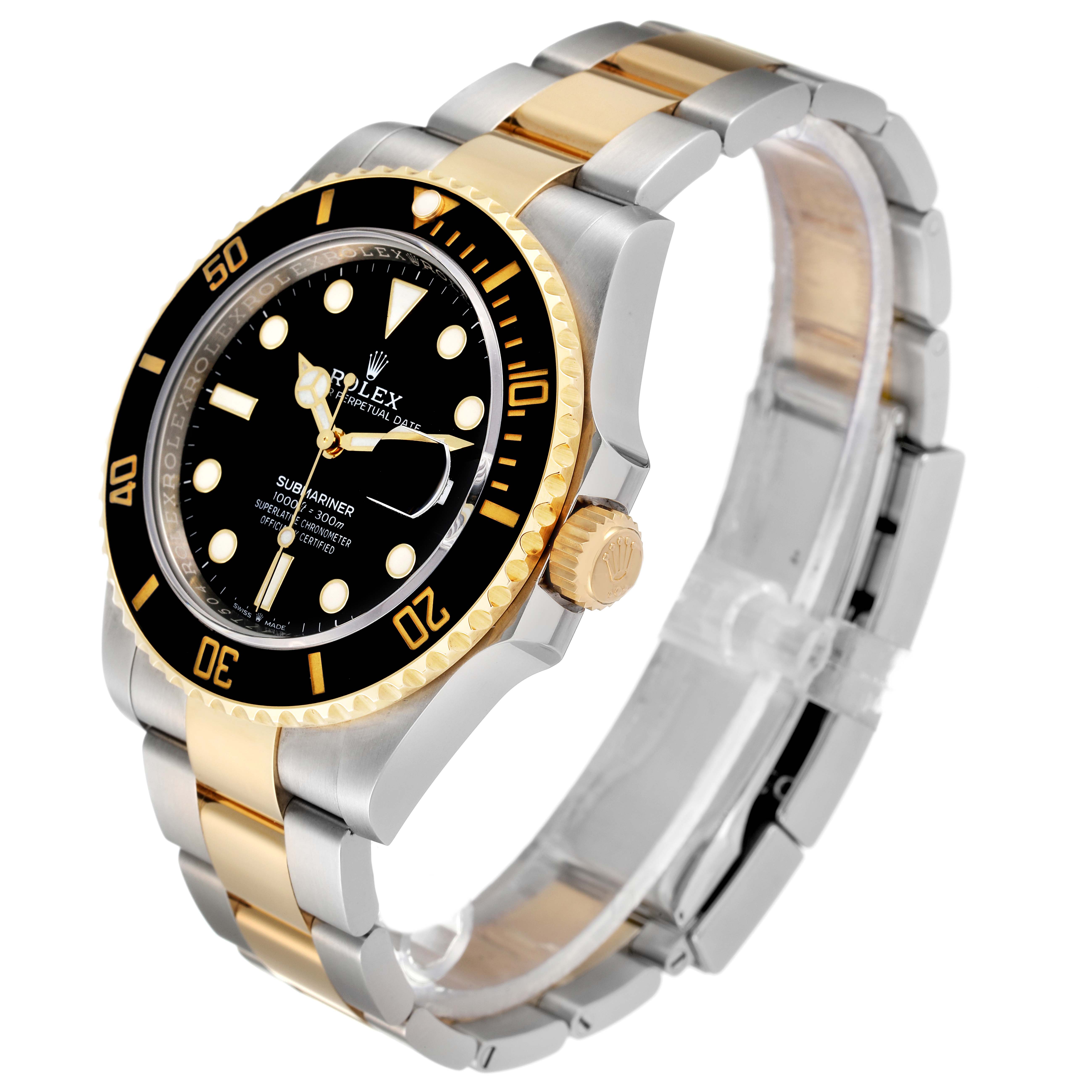 The Rolex Submariner 126613 Men
s Steel and Gold (two tone) Black Dial 126613 Men
s Steel and Gold (two tone) Black Dial watch is shown at a slight angle, displaying the face, bezel, crown, and part of the two-tone bracelet.