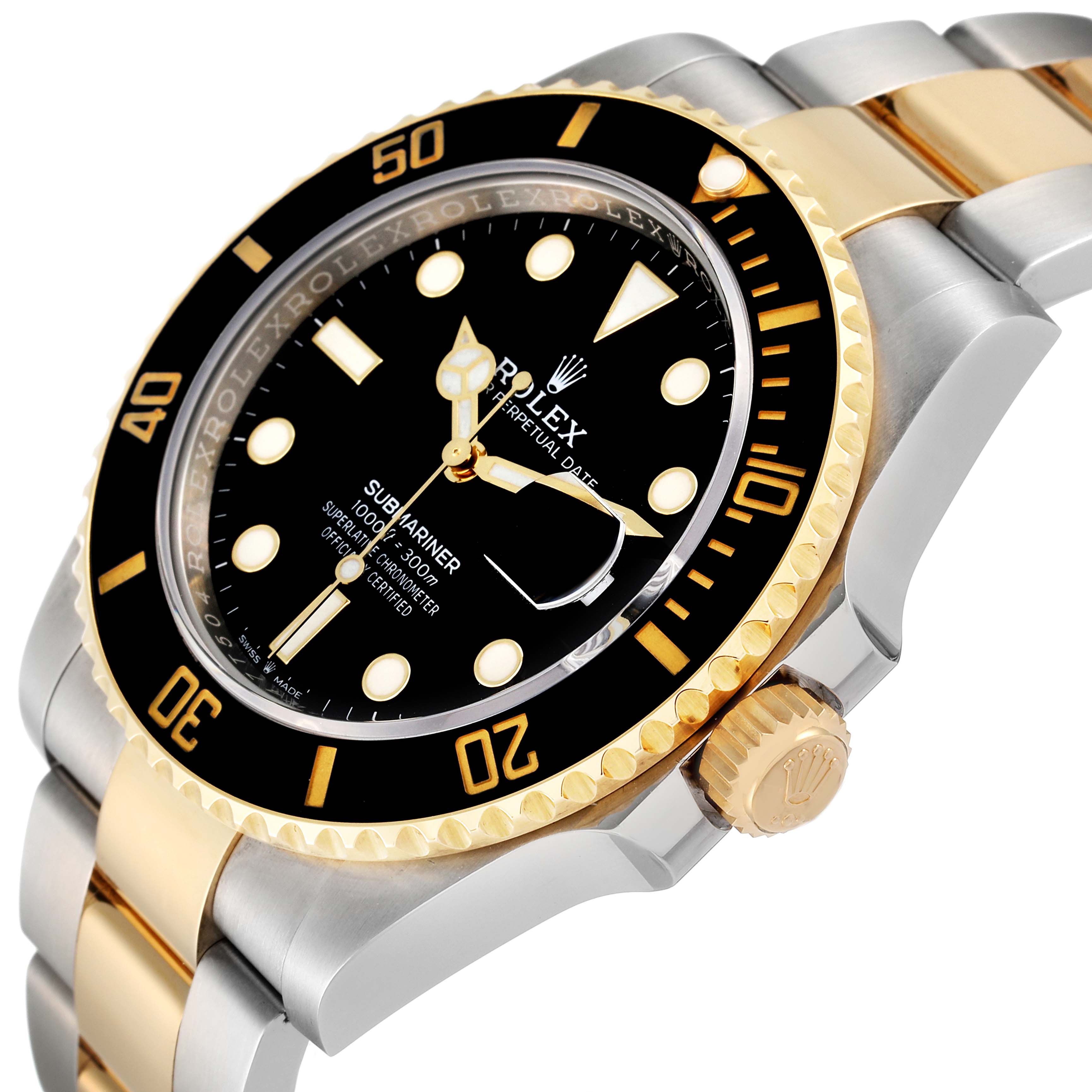 The image shows a close-up angle of a Rolex Submariner 126613 Men
s Steel and Gold (two tone) Black Dial 126613 Men
s Steel and Gold (two tone) Black Dial watch, highlighting its black dial, gold bezel, and two-tone bracelet.