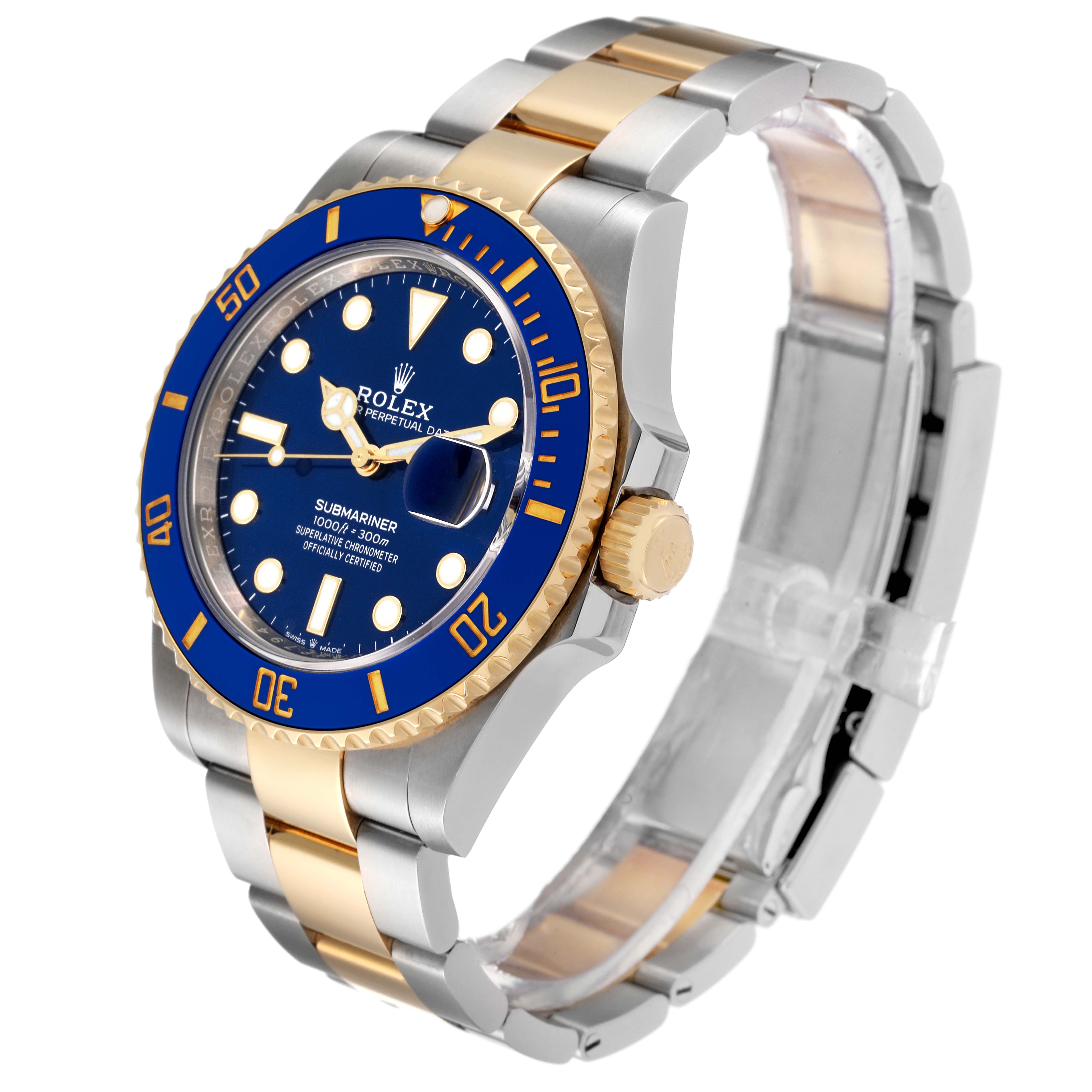 The image shows an angled view of the Rolex Submariner 126613 Men
s Steel and Gold (two tone) Blue Dial 126613 Men
s Steel and Gold (two tone) Blue Dial, highlighting its bezel, dial, and two-tone metal bracelet.