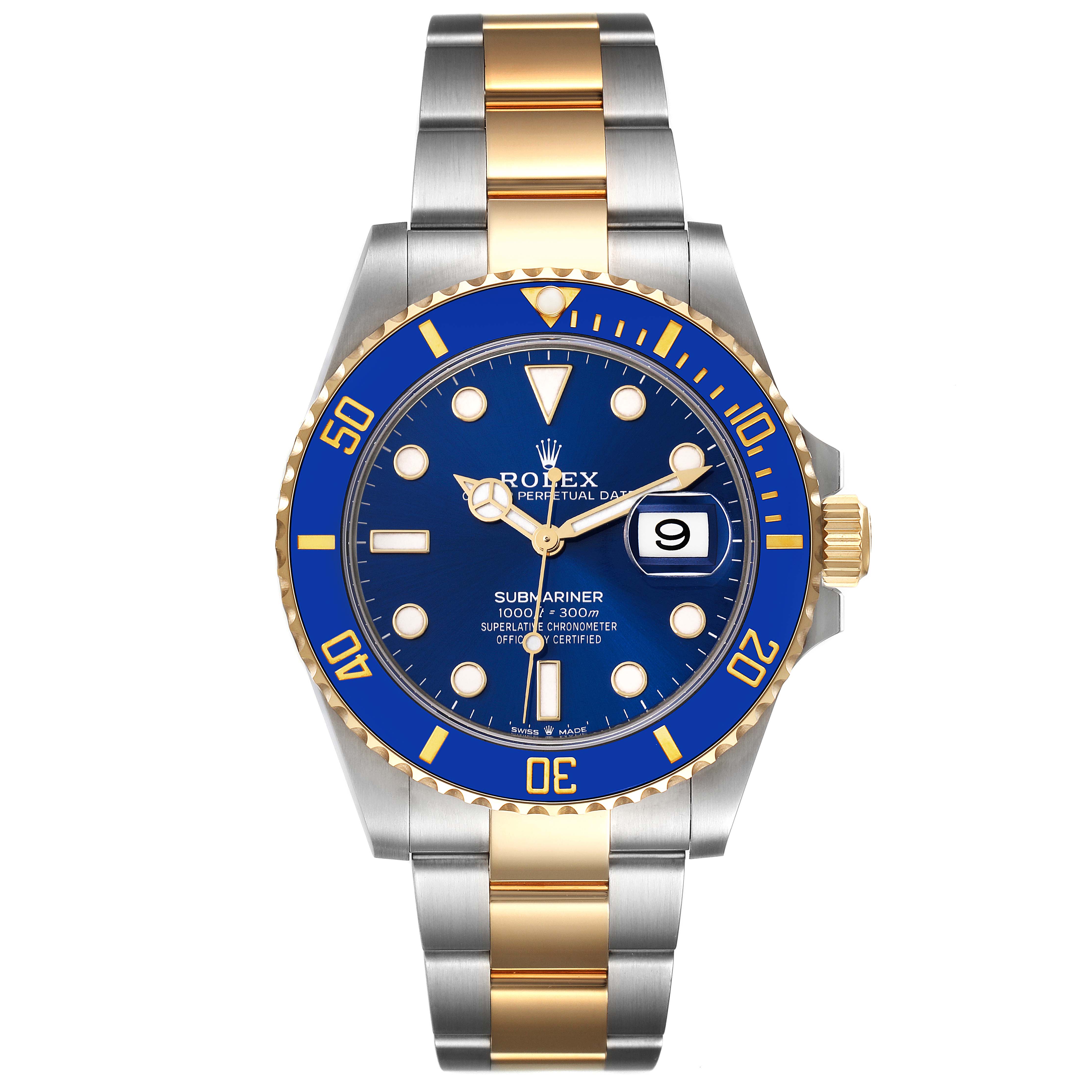 This image shows a front view of a Rolex Submariner 126613 Men
s Steel and Gold (two tone) Blue Dial 126613 Men
s Steel and Gold (two tone) Blue Dial watch with a blue dial and a two-tone metal bracelet.