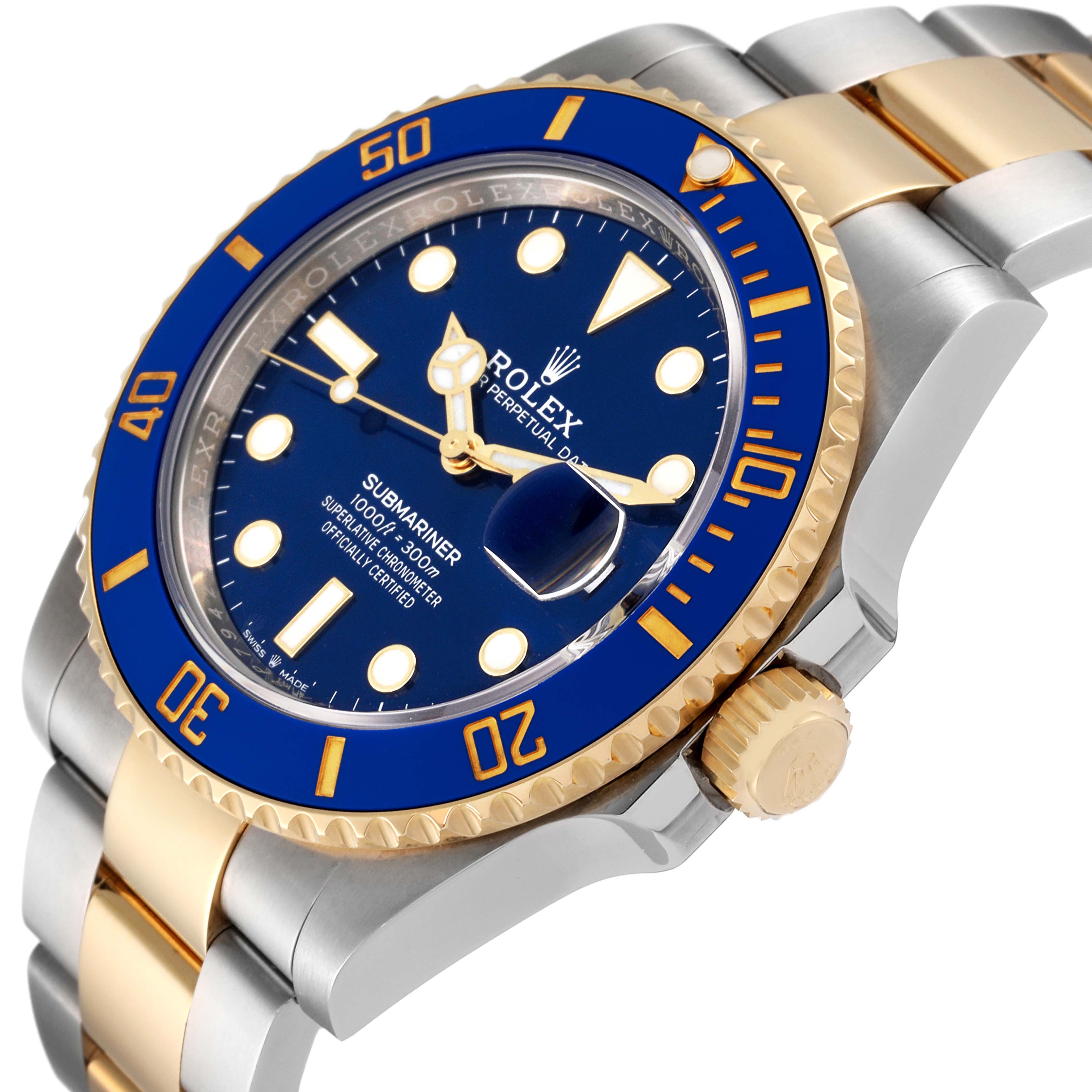 The image shows a Rolex Submariner 126613 Men
s Steel and Gold (two tone) Blue Dial 126613 Men
s Steel and Gold (two tone) Blue Dial watch at a slight angle, highlighting the bezel, dial, crown, and part of the bracelet.