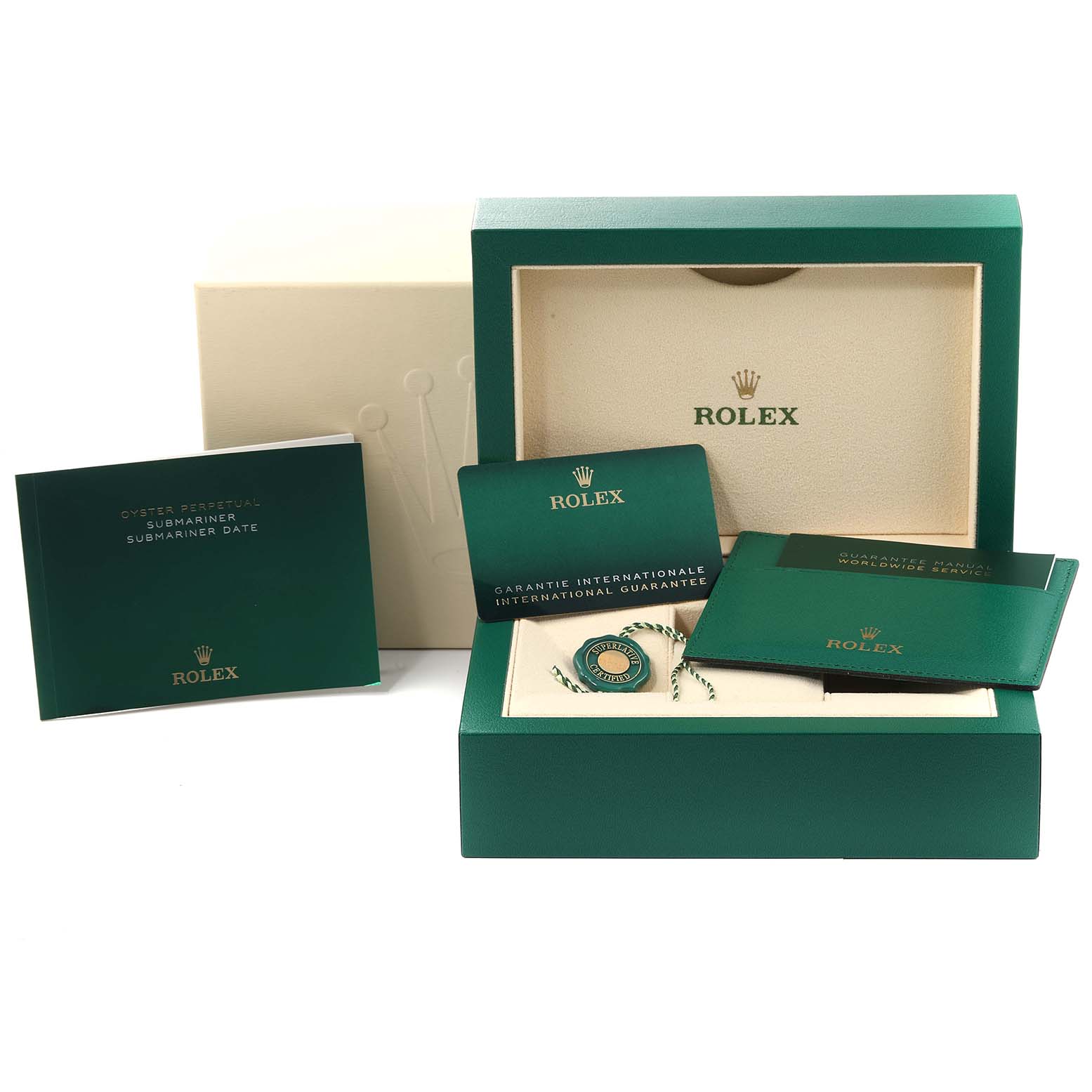 This image shows the Rolex Submariner 126613 Men
s Steel and Gold (two tone) Blue Dial 126613 Men
s Steel and Gold (two tone) Blue Dial watch package, including the box, manuals, guarantee card, and accessories.