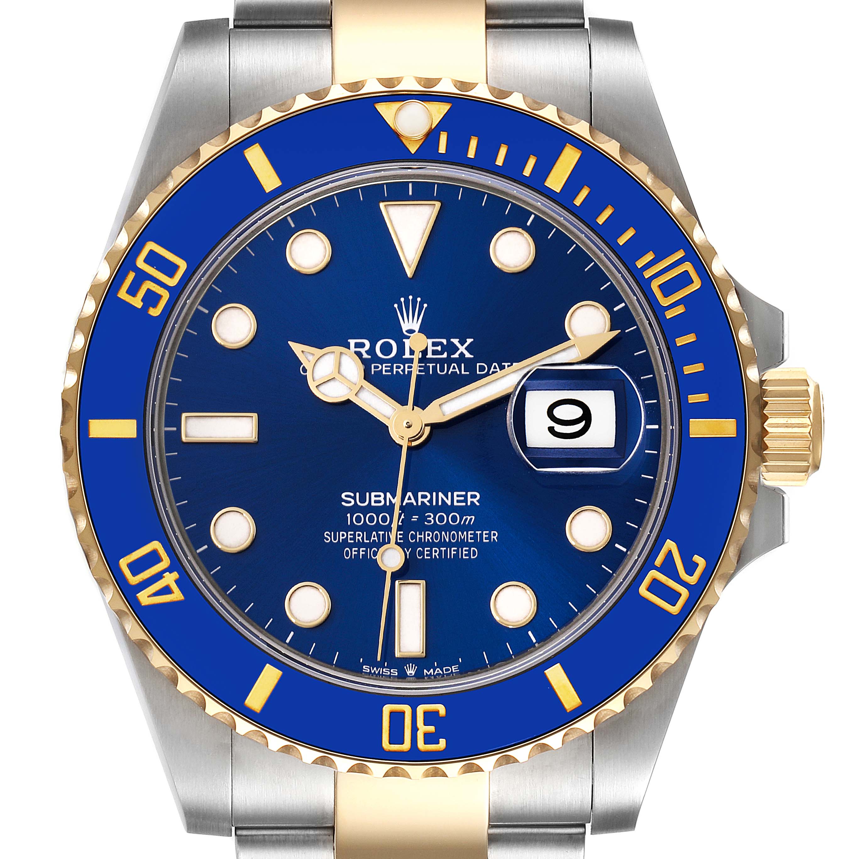 The image shows a front view of a Rolex Submariner 126613 Men
s Steel and Gold (two tone) Blue Dial 126613 Men
s Steel and Gold (two tone) Blue Dial watch, highlighting its blue dial, bezel, date window, and part of the bracelet.