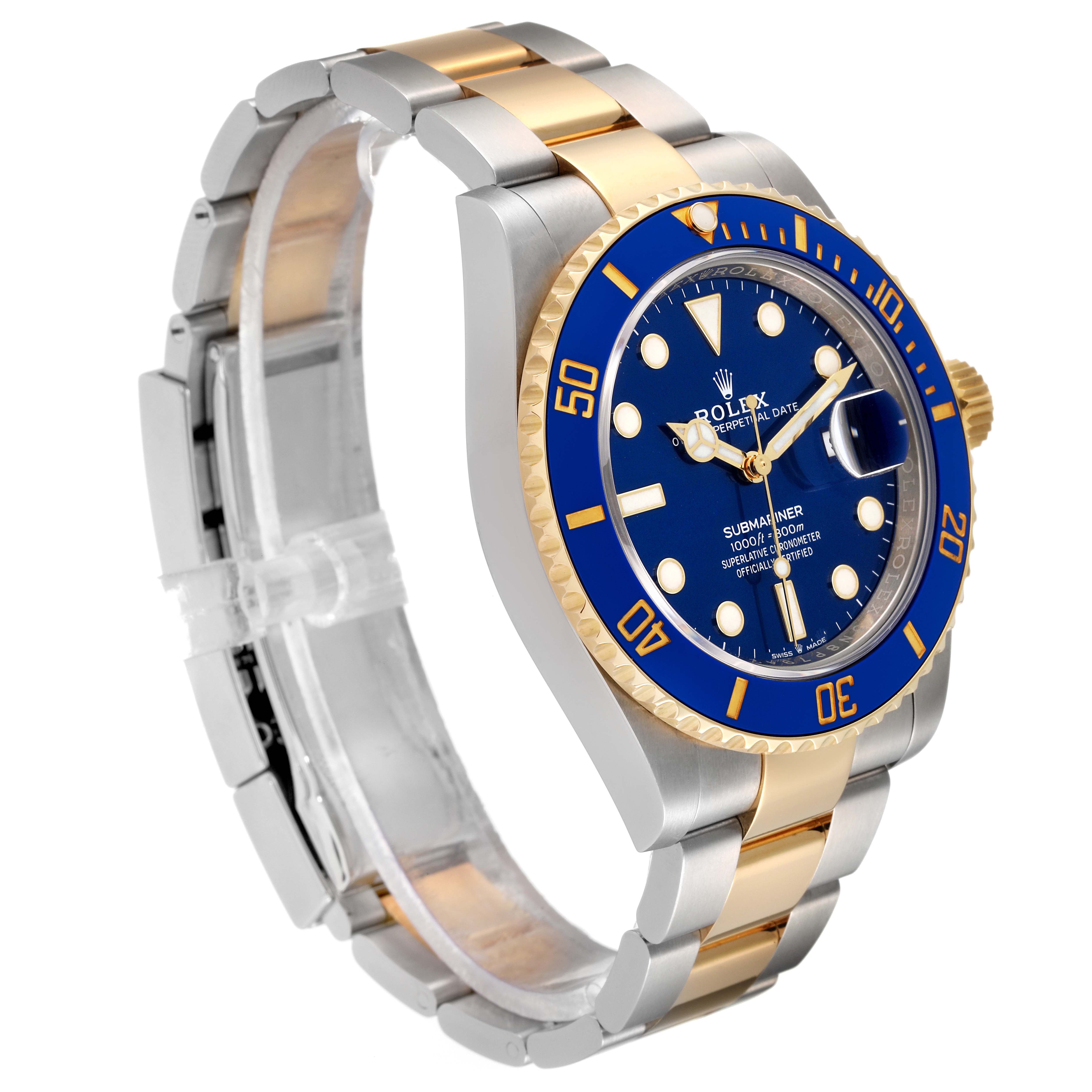 The image shows a three-quarter view of a Rolex Submariner 126613 Men
s Steel and Gold (two tone) Blue Dial 126613 Men
s Steel and Gold (two tone) Blue Dial watch, highlighting its blue dial, bezel, and two-tone bracelet.