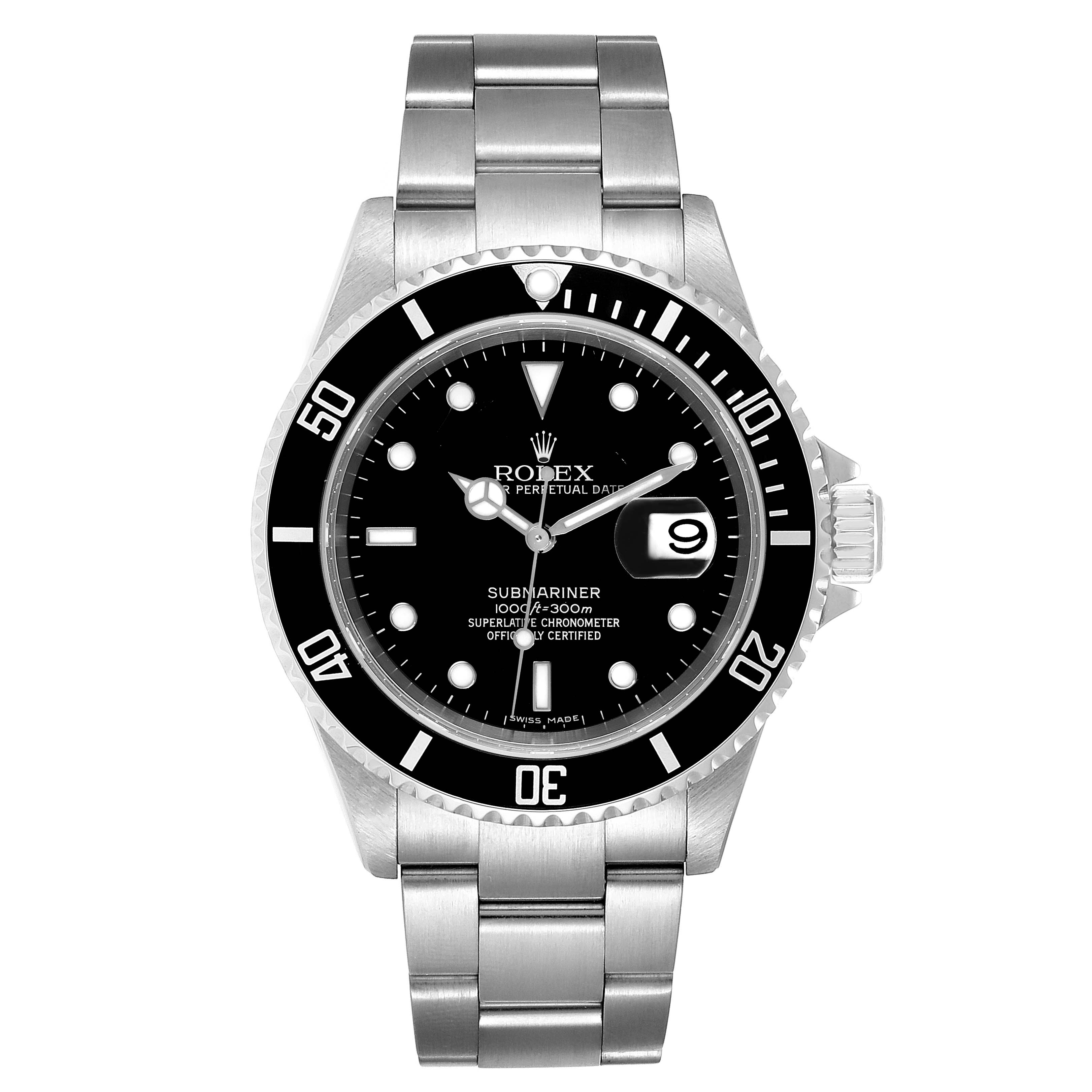 The image shows a front view of a Rolex Submariner 16610 Men
s Stainless Steel Black Dial 16610 Men
s Stainless Steel Black Dial watch, displaying the dial, bezel, case, and bracelet.