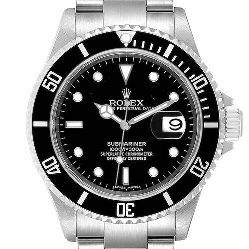 The image shows a frontal view of a Rolex Submariner watch, displaying its dial, bezel, and part of the bracelet.