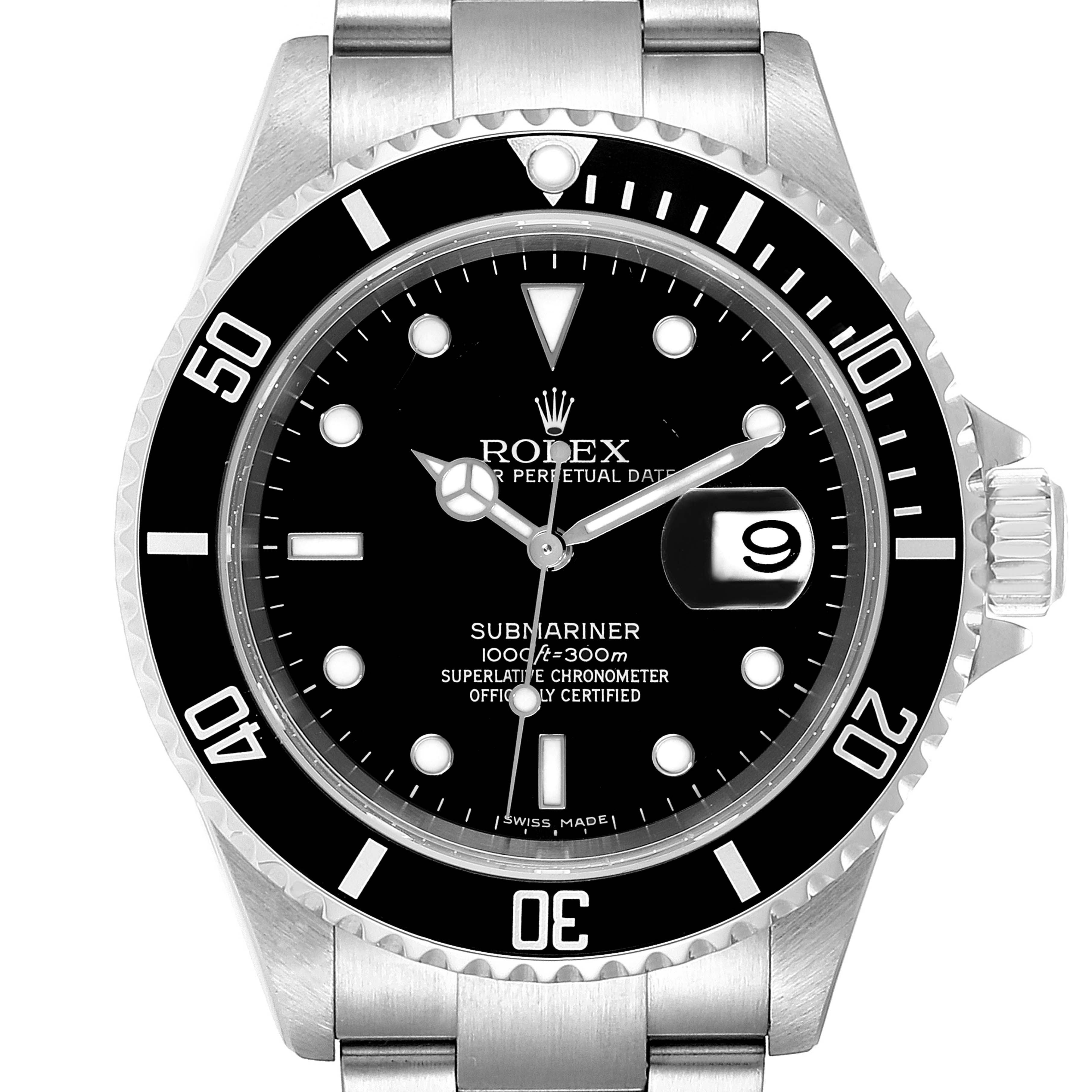 The image shows a front view of a Rolex Submariner 16610 Men
s Stainless Steel Black Dial 16610 Men
s Stainless Steel Black Dial watch, highlighting the dial, bezel, hands, and bracelet.