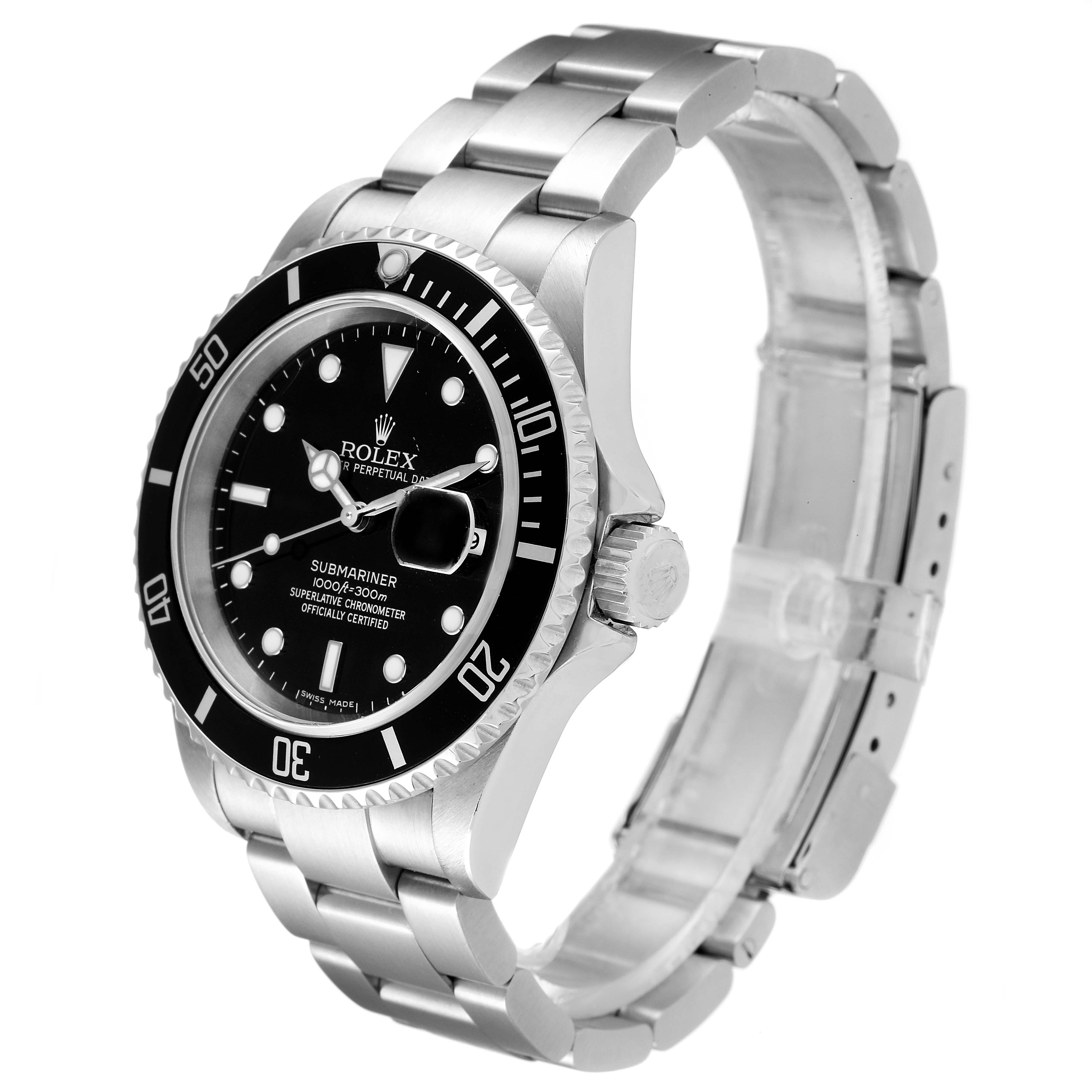 This image shows a Rolex Submariner 16610 Men
s Stainless Steel Black Dial 16610 Men
s Stainless Steel Black Dial watch at an angle highlighting the watch face, bezel, crown, and part of the bracelet.