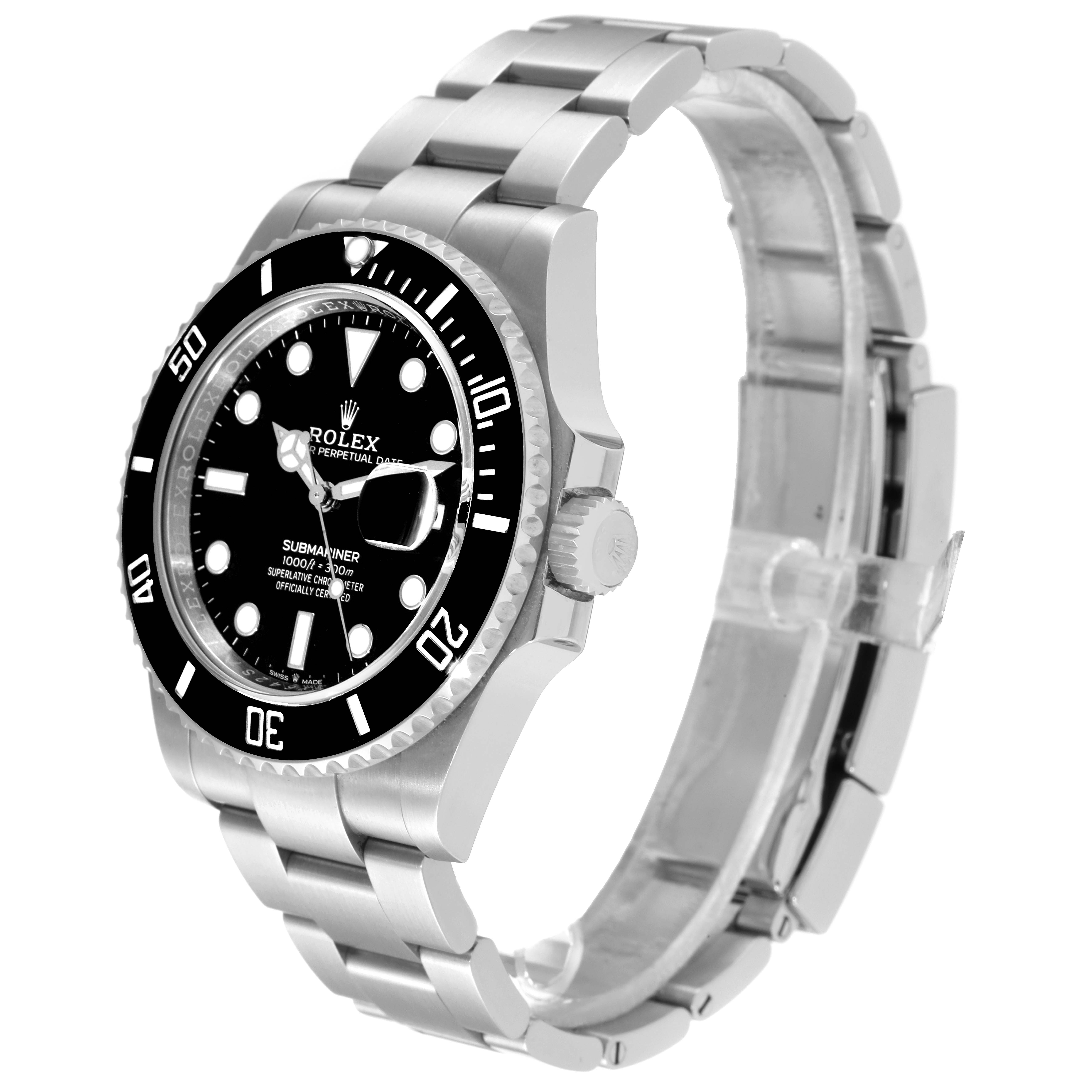 The image shows a side angle of a Rolex Submariner 126610 Men
s Stainless Steel Black Dial 126610 Men
s Stainless Steel Black Dial watch, displaying the face, bezel, crown, and part of the bracelet.