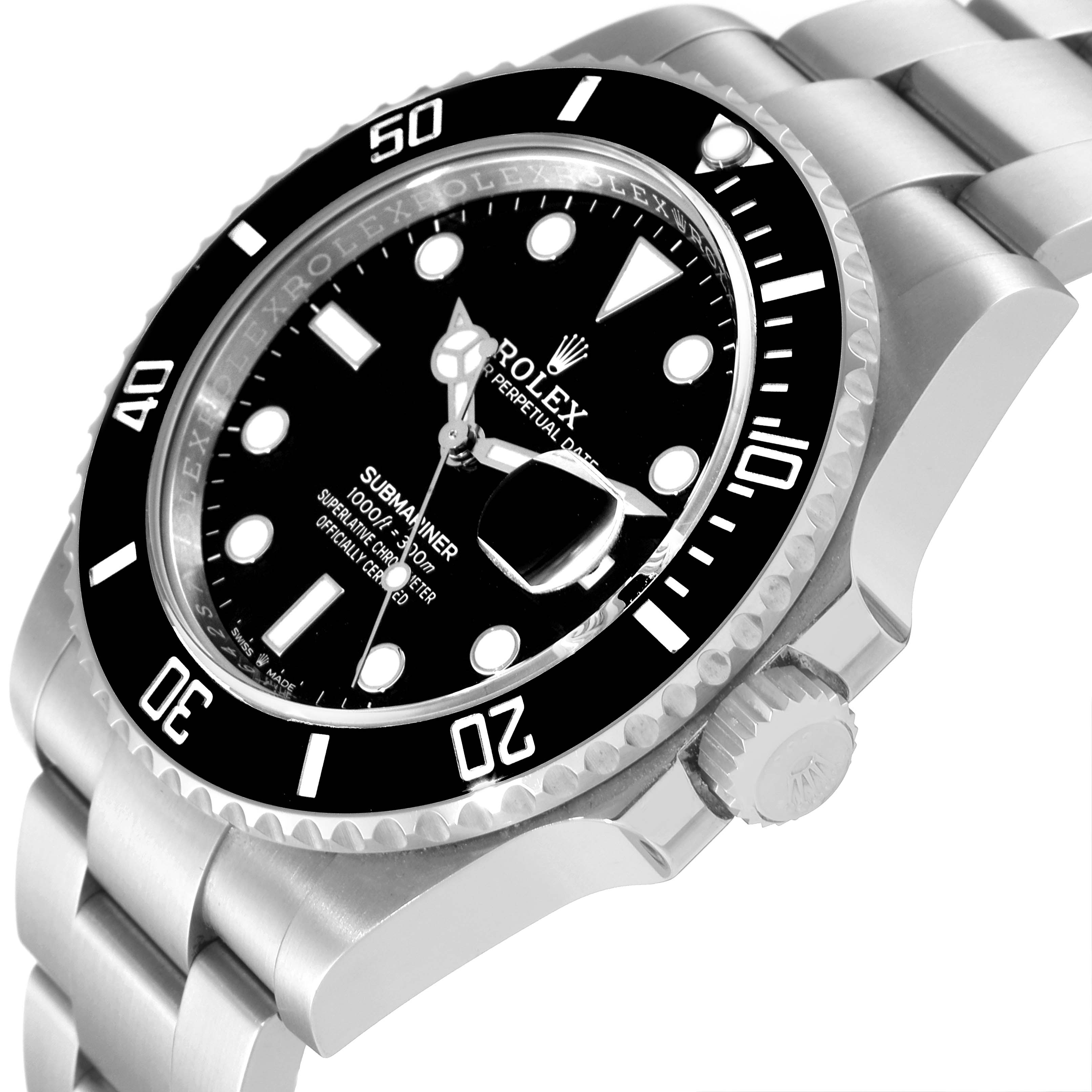 The image shows a close-up, angled view of a Rolex Submariner 126610 Men
s Stainless Steel Black Dial 126610 Men
s Stainless Steel Black Dial watch, highlighting the bezel, dial, crown, and bracelet.